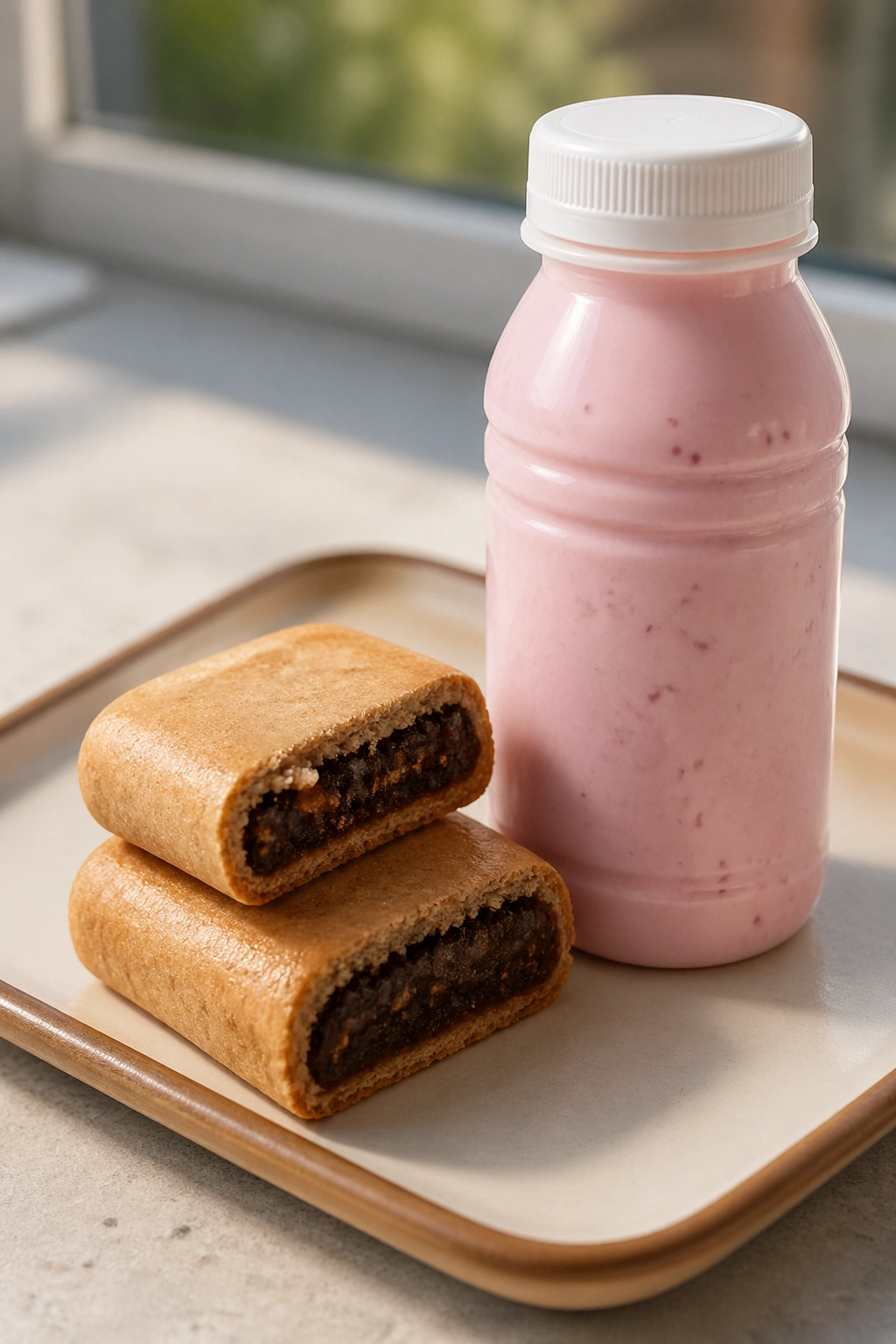 Close-up of fig bars with drinkable yogurt
