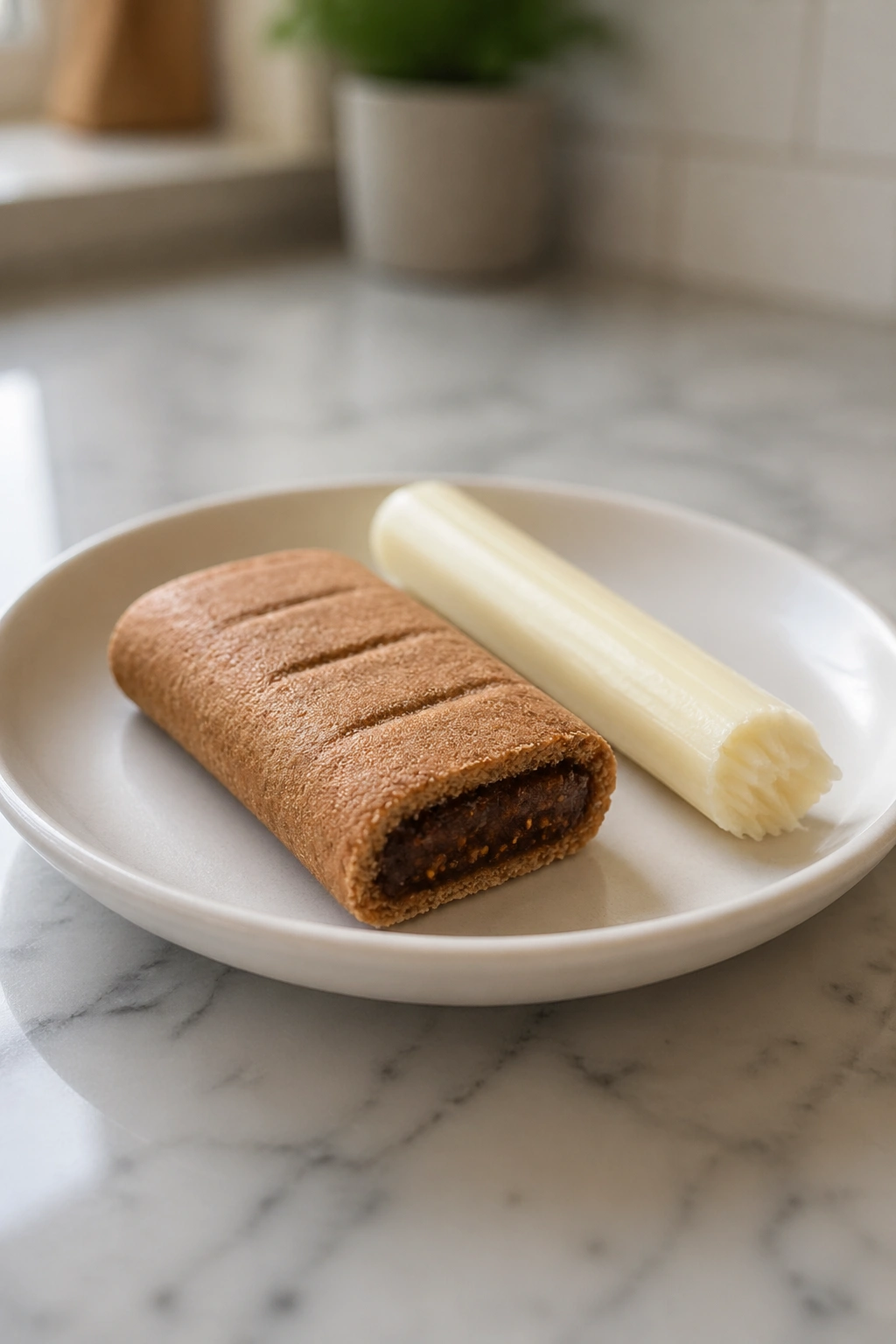 Fig bar with string cheese on a plate in a bright kitchen