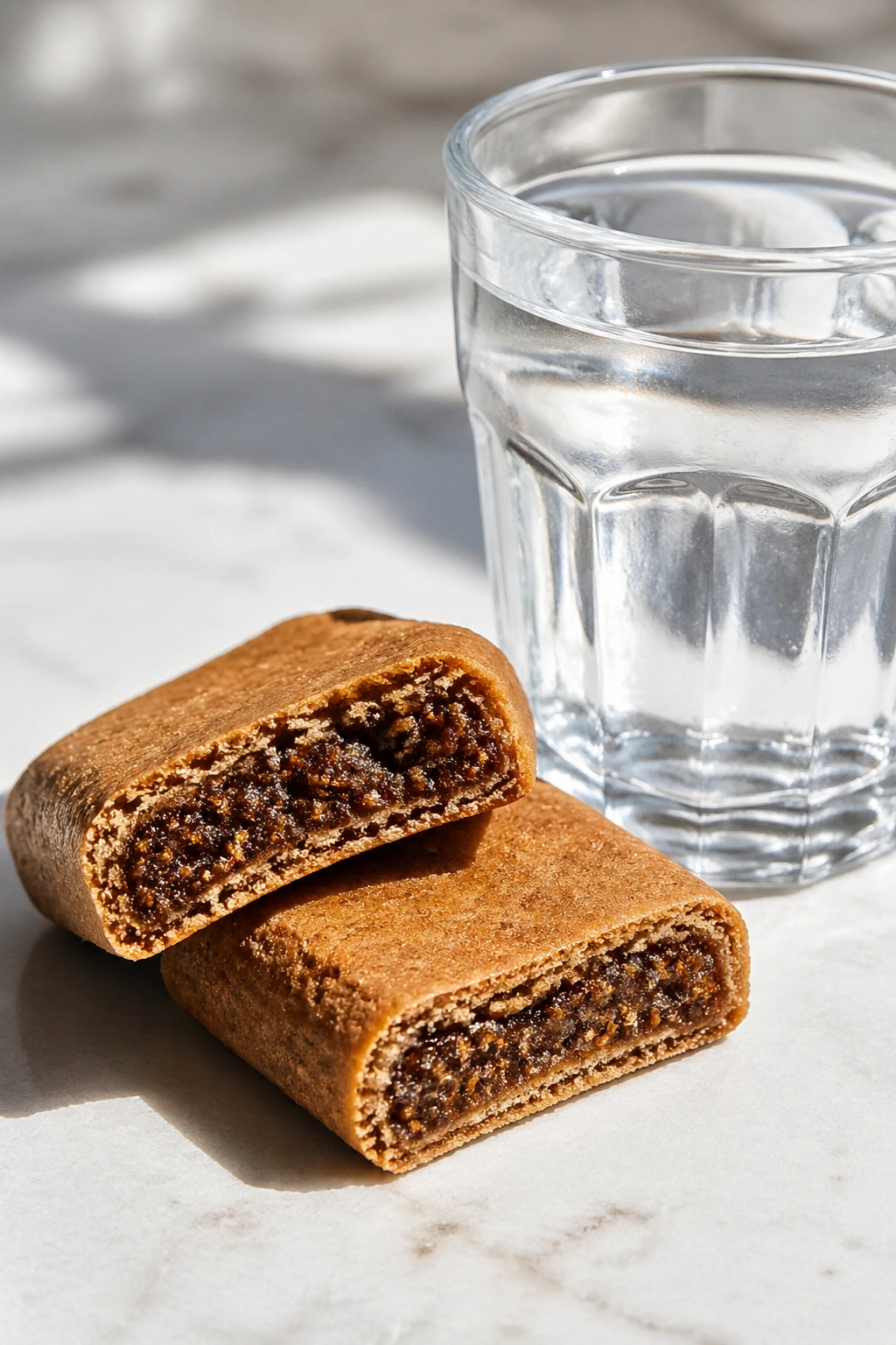 Two fig bars with a glass of water on a light surface in morning light