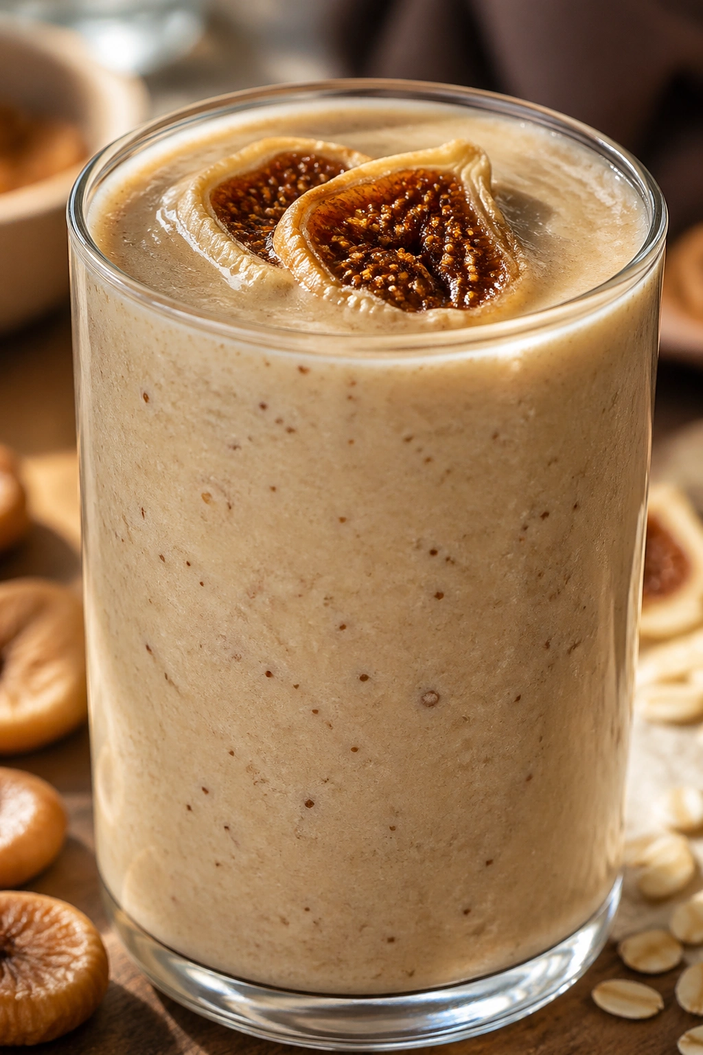 Close-up of thick fig tahini oat smoothie in a glass on a wooden counter