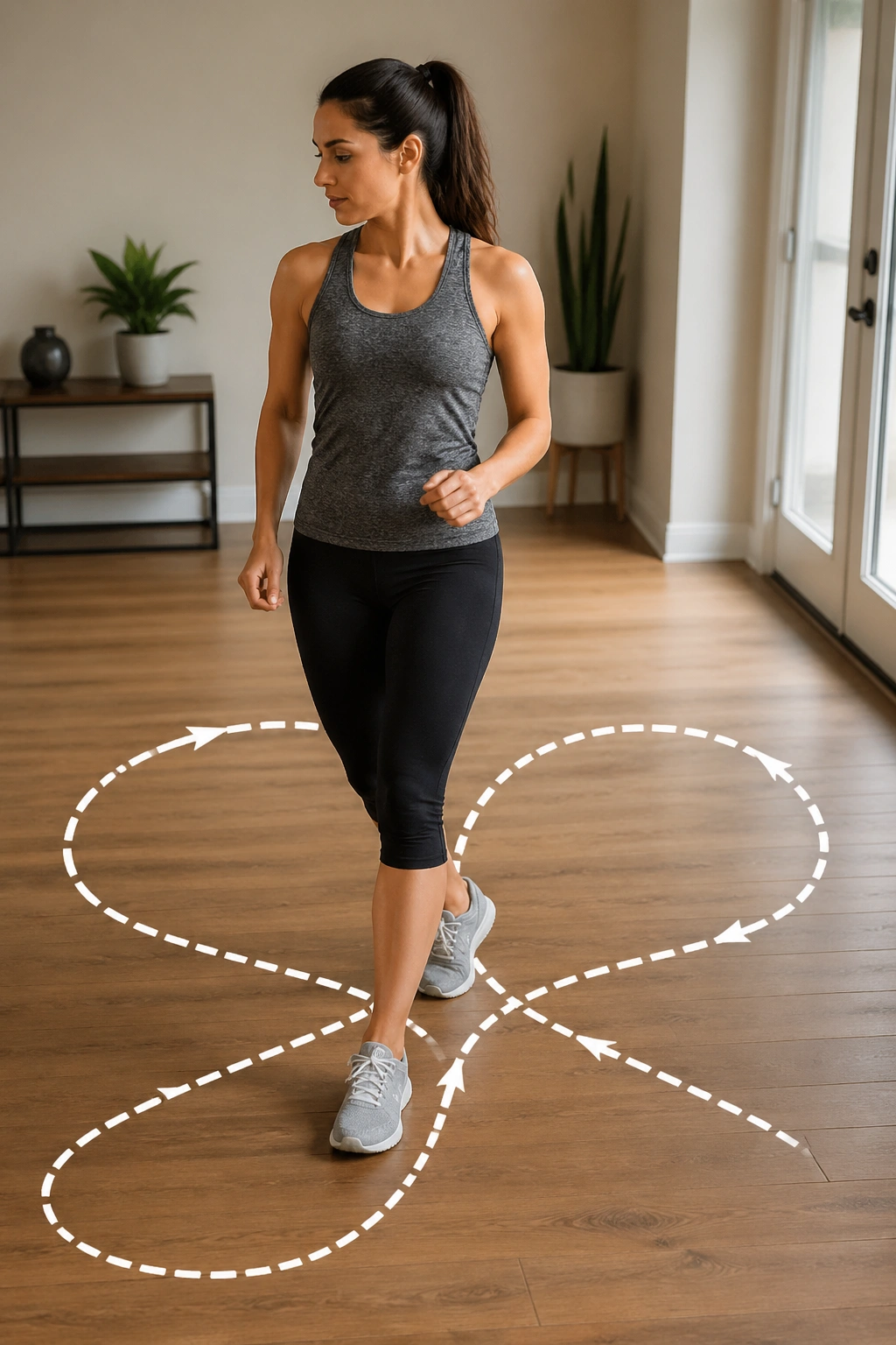 Real person performing figure-eight indoor walk in a tidy living area