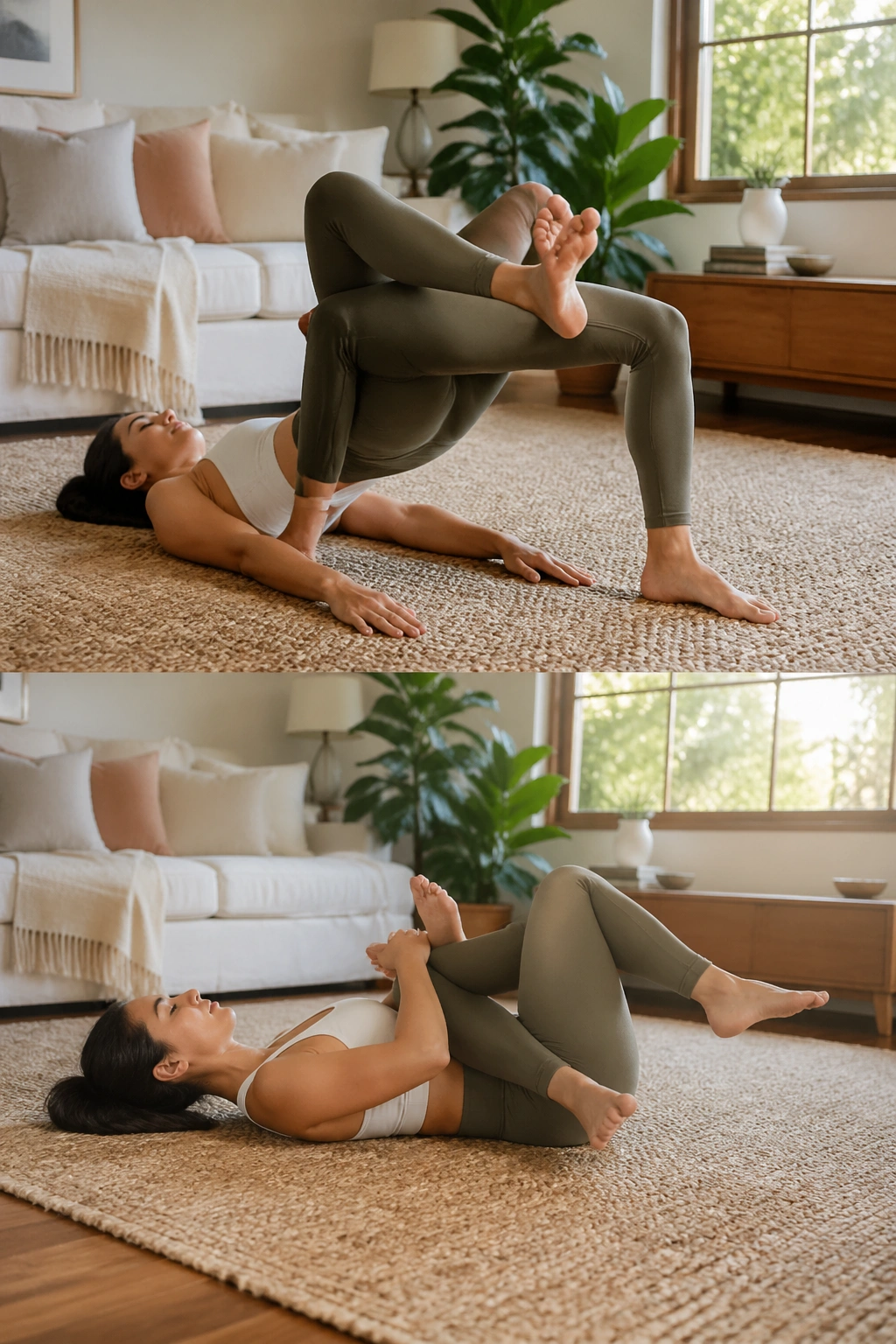 Person performing bridge with figure-four stretch on a living room rug