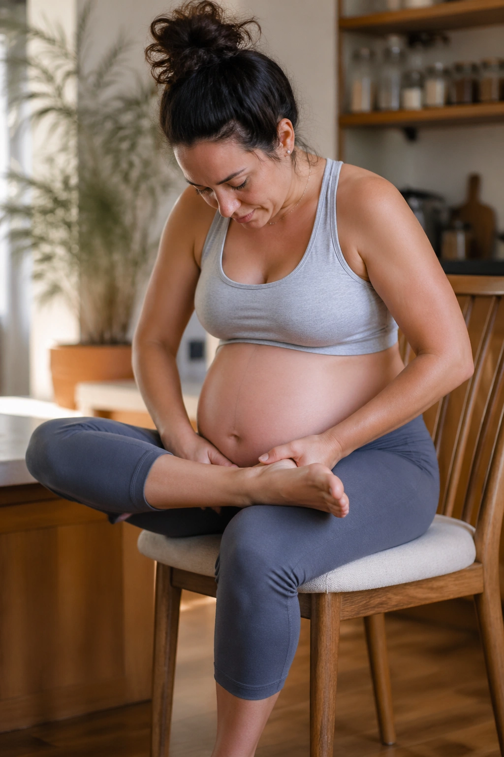 Pregnant person in seated figure-four stretch on a chair