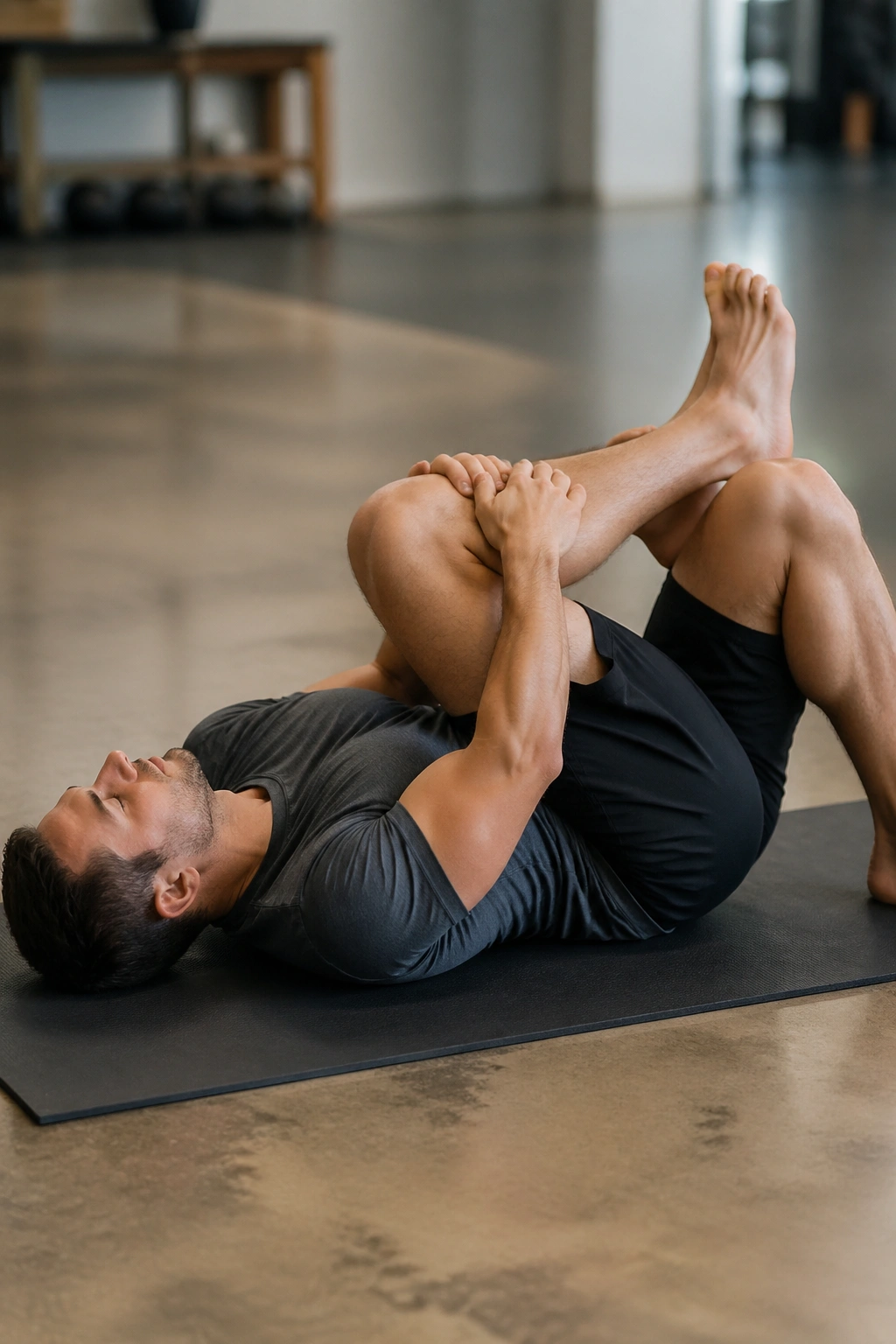 Lying figure-four glute stretch on a mat showing hip and glute stretch