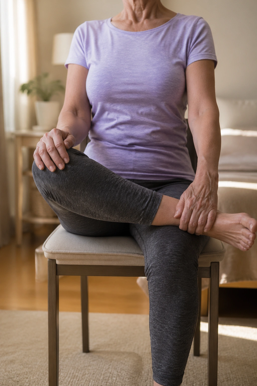 Senior figure-four hip stretch seated close-up