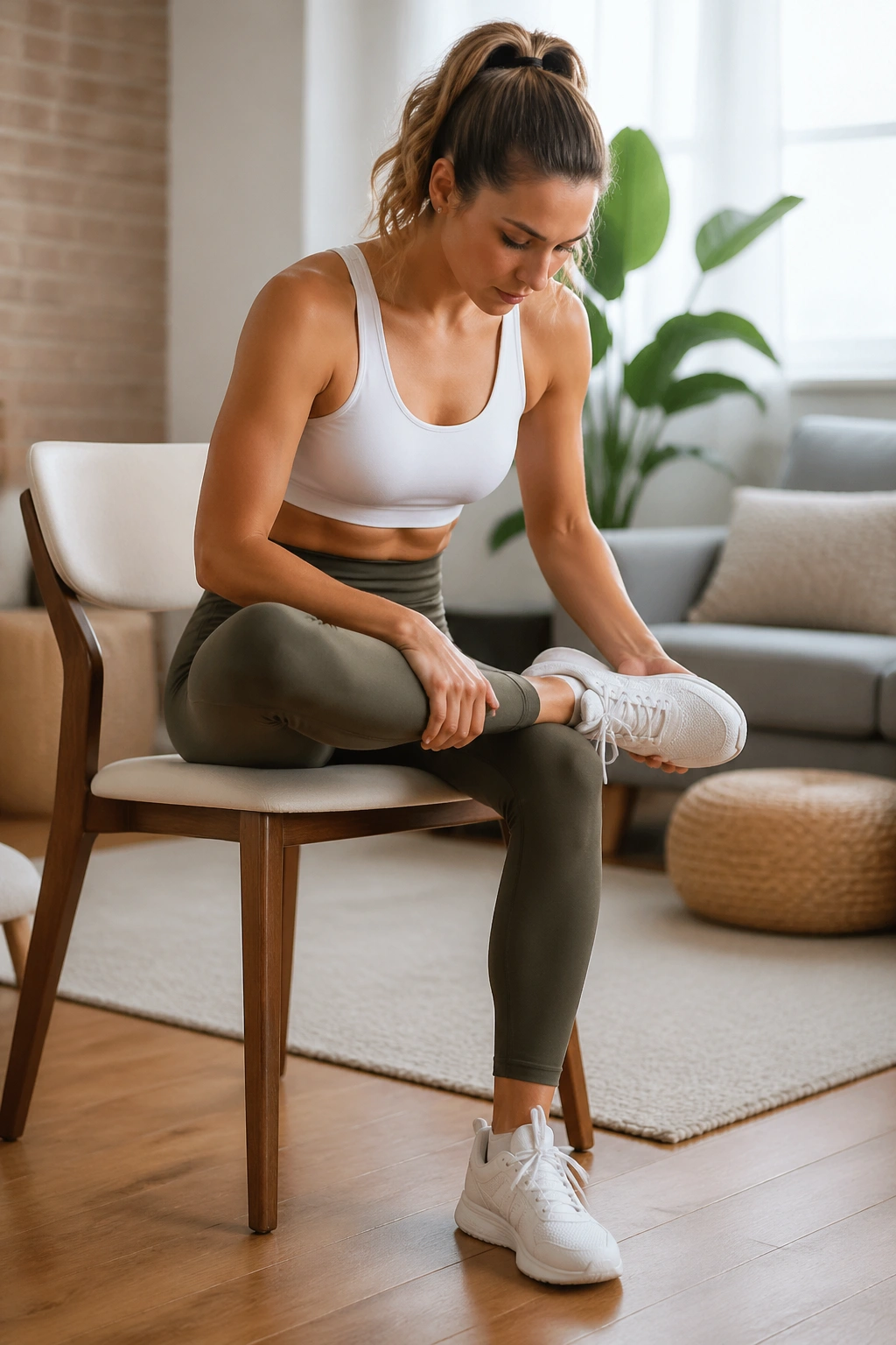 Real person performing seated figure-four stretch on a chair