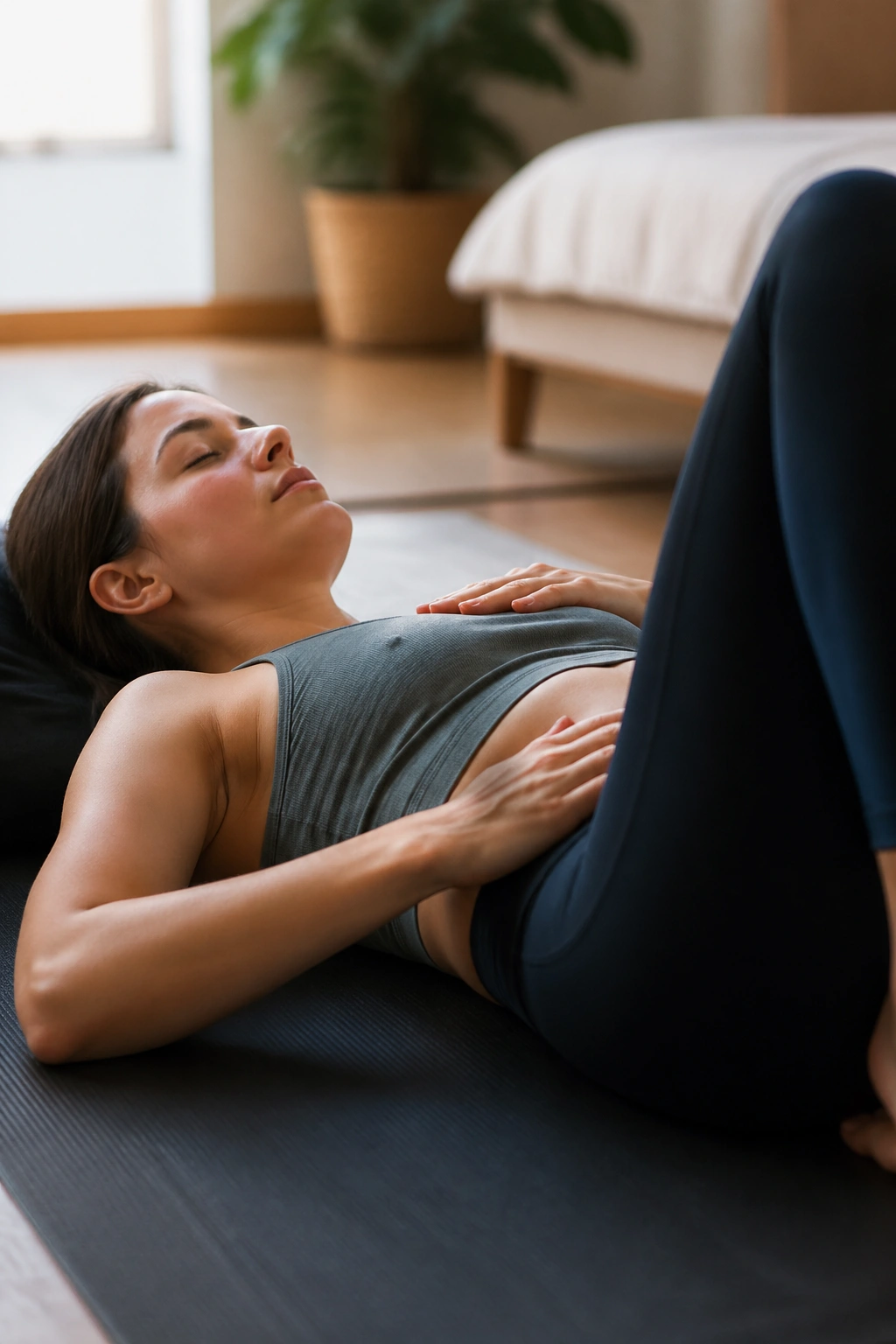 Supine breath-focused self-test pose on a yoga mat in a calm bedroom