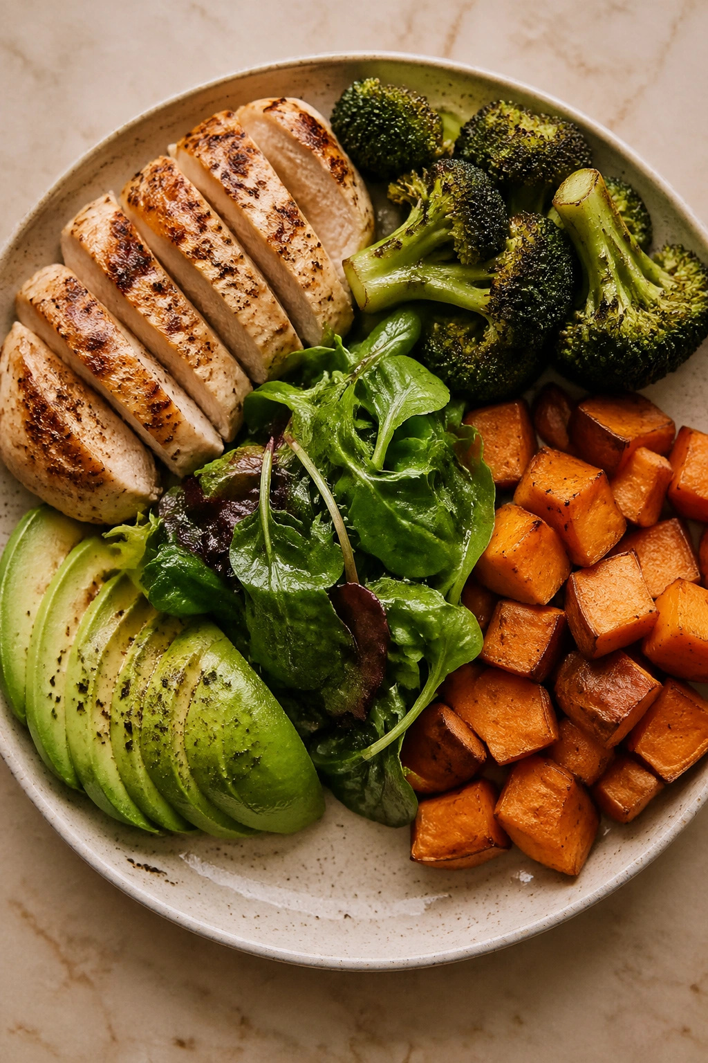 Top-down view of a balanced first meal plate with protein and vegetables