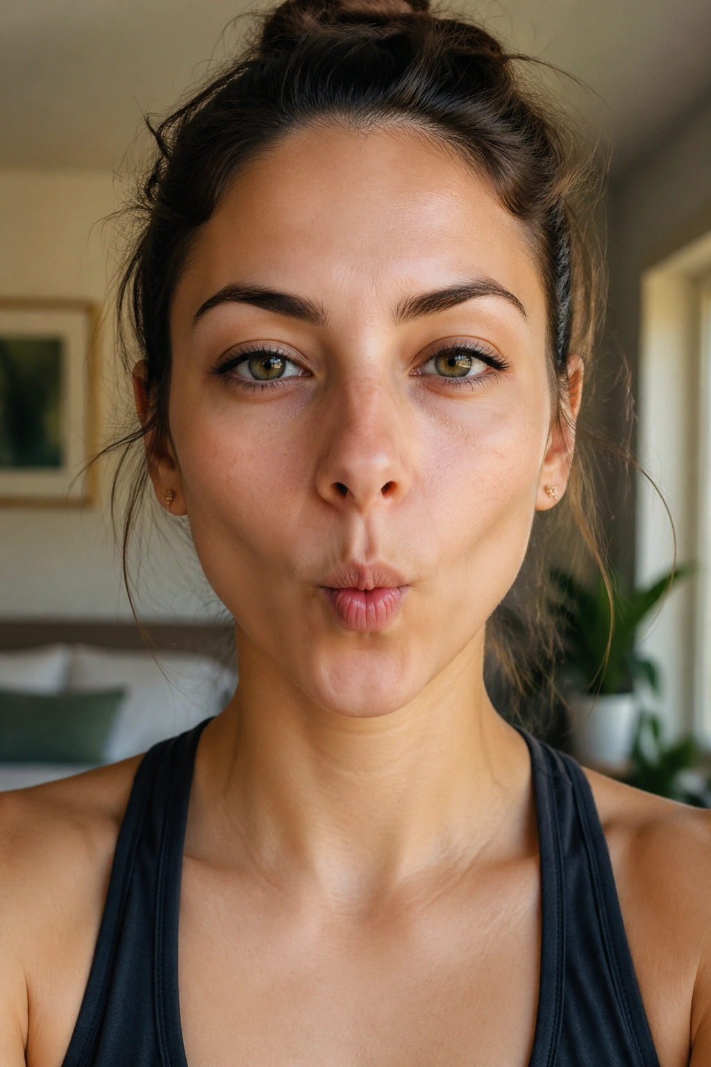 Close-up of a real person performing a fish-face hold to train jaw relaxation.