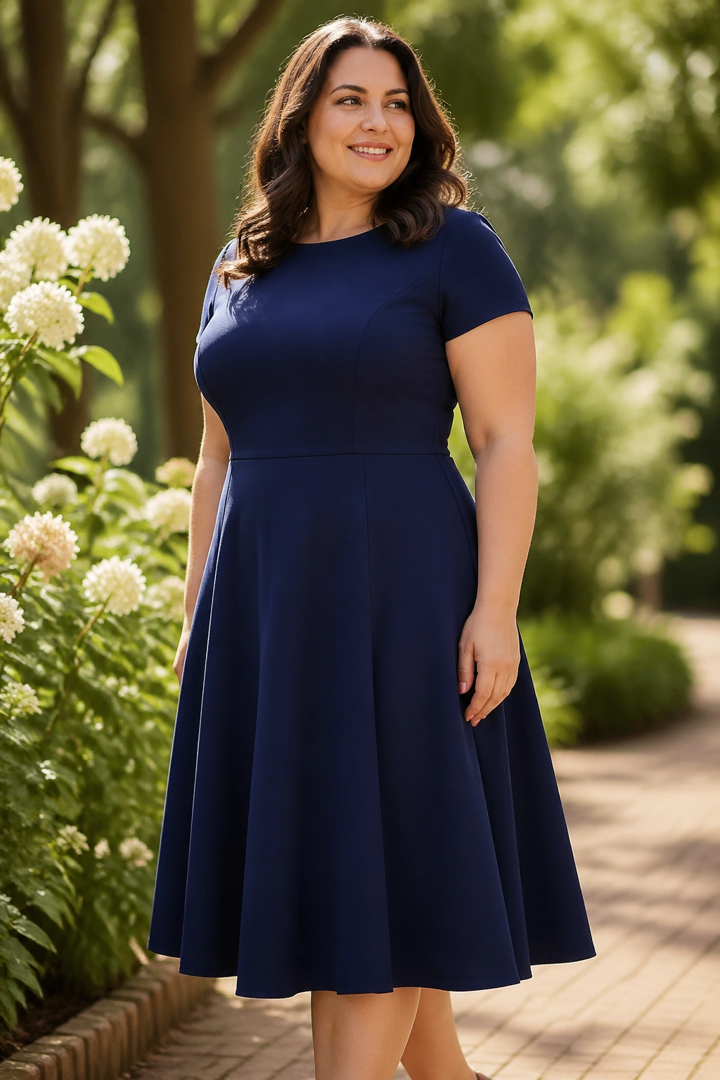 Woman in fit-and-flare dress with waist seam in garden setting
