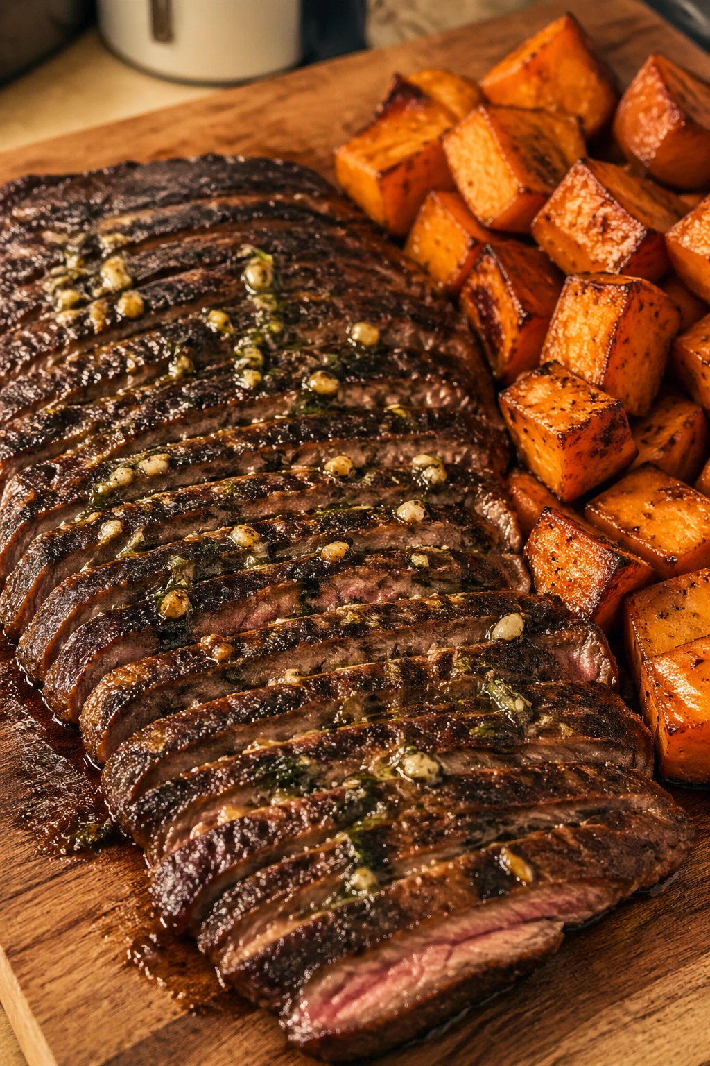 Close-up of garlic-herb flank steak with roasted sweet potatoes on a wooden board