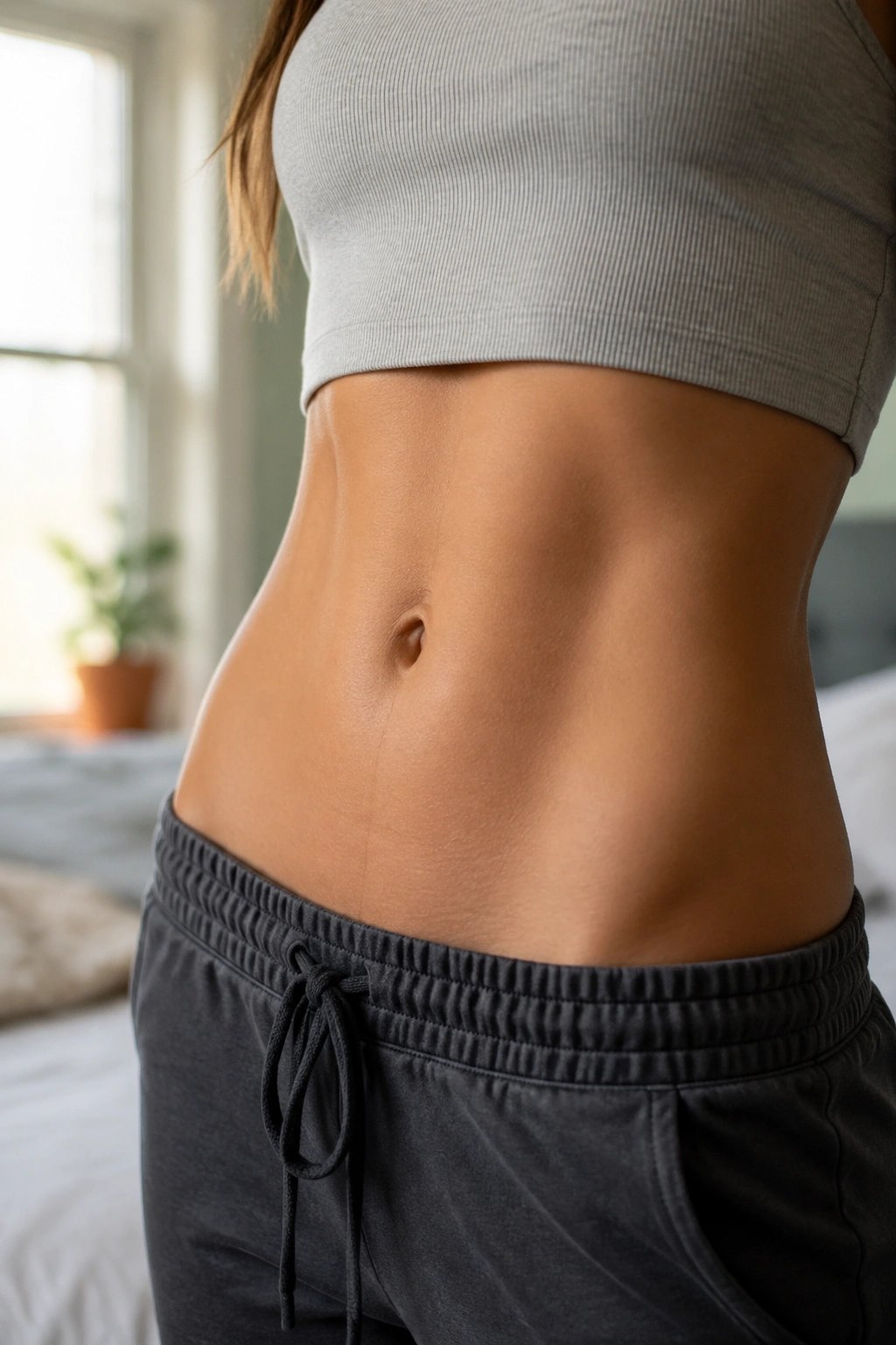 Close-up of a flat-looking abdomen on a real person with natural light