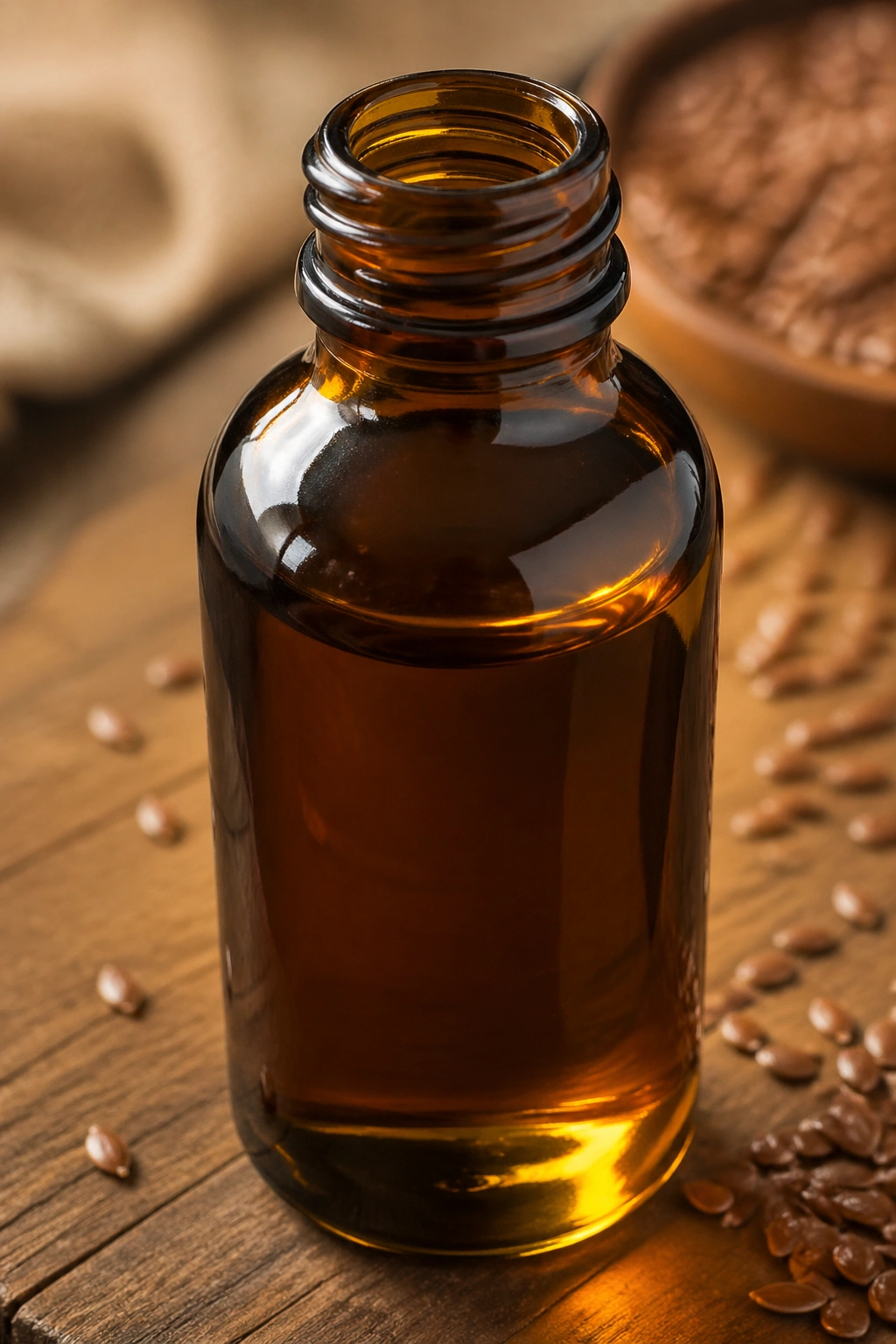 Close-up of flaxseed oil bottle on wooden surface