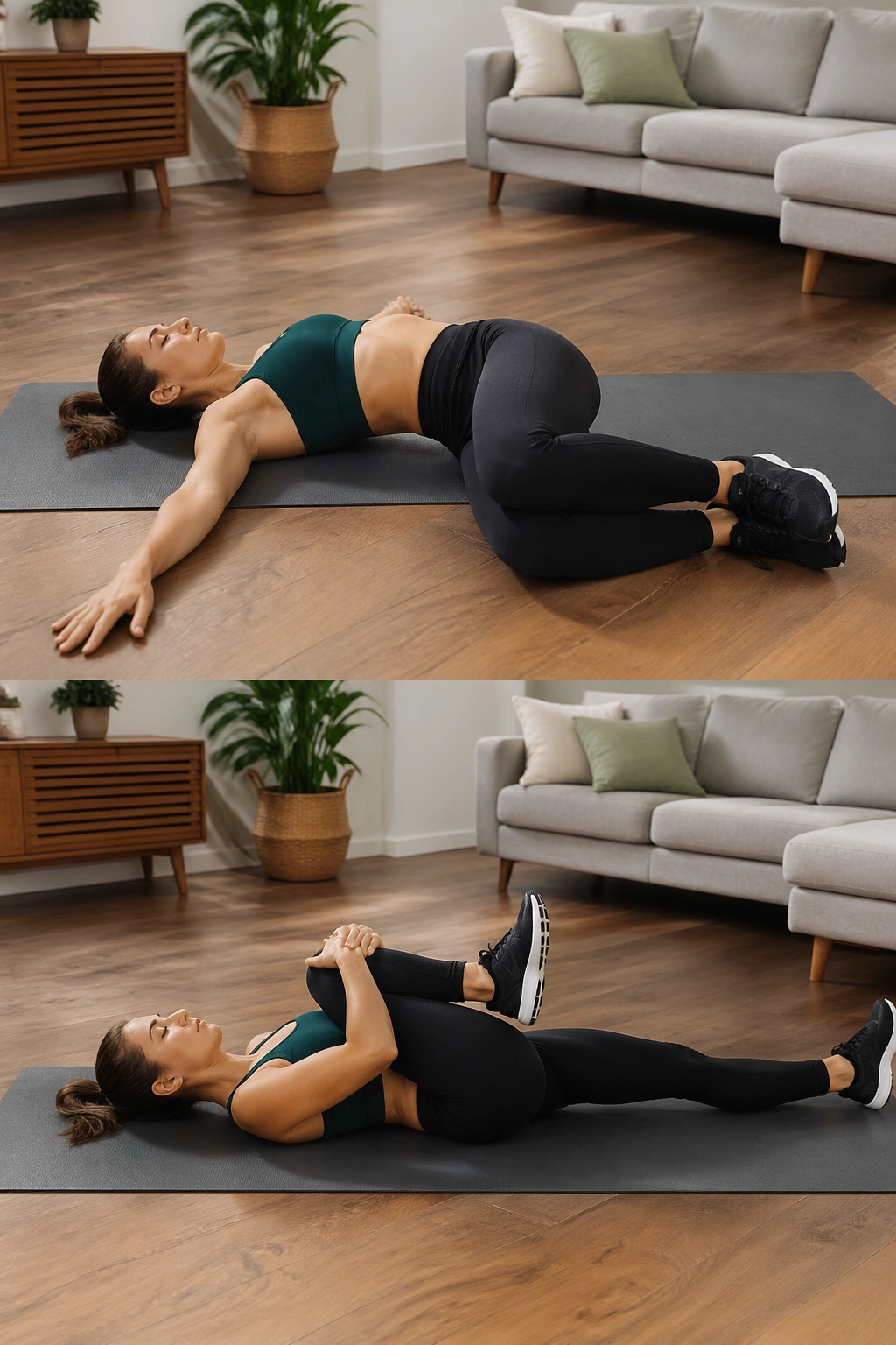 Person on mat performing windscreen wipers and knee hugs for hip and lower back relief