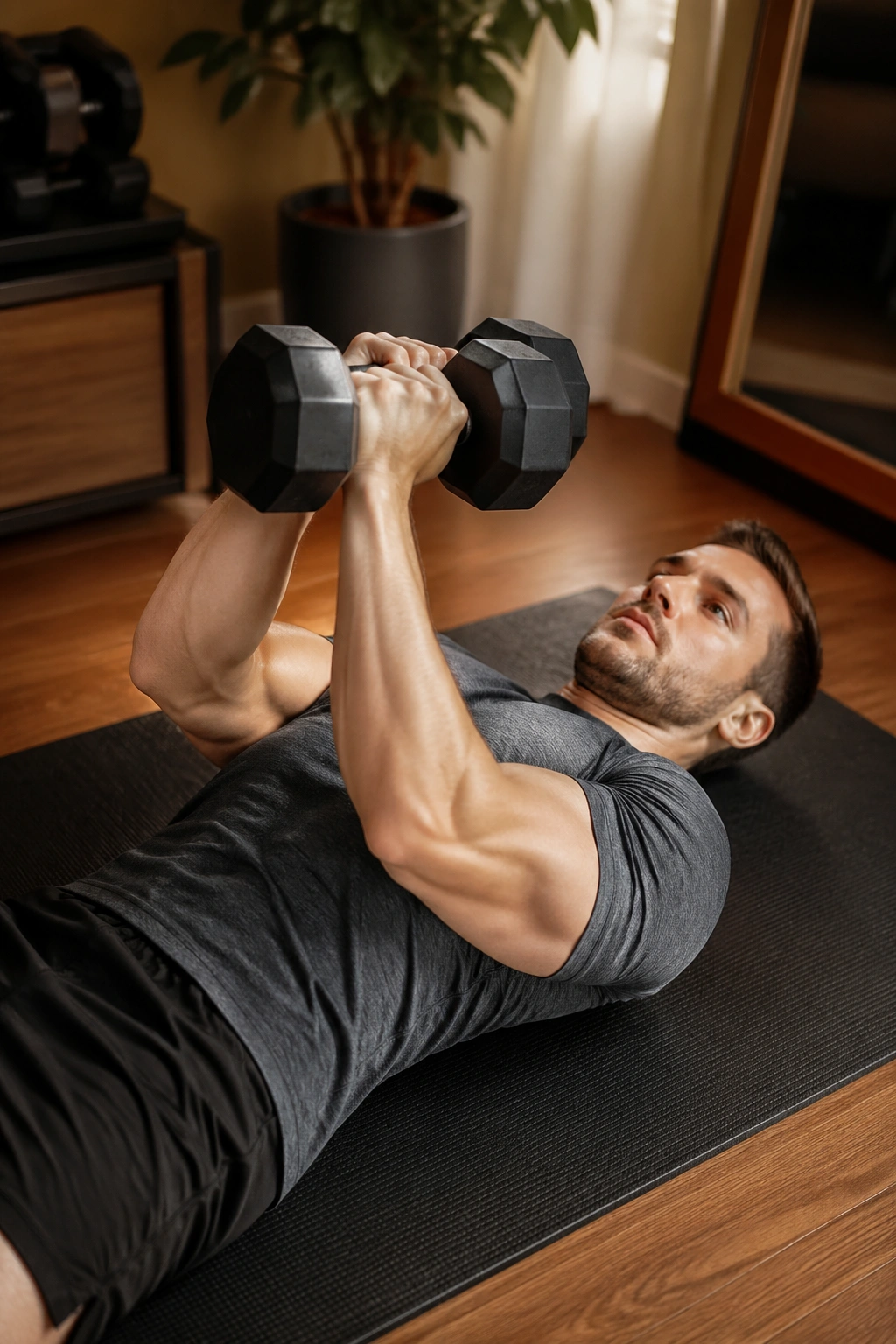 Person performing floor press with chest squeeze pause on the floor