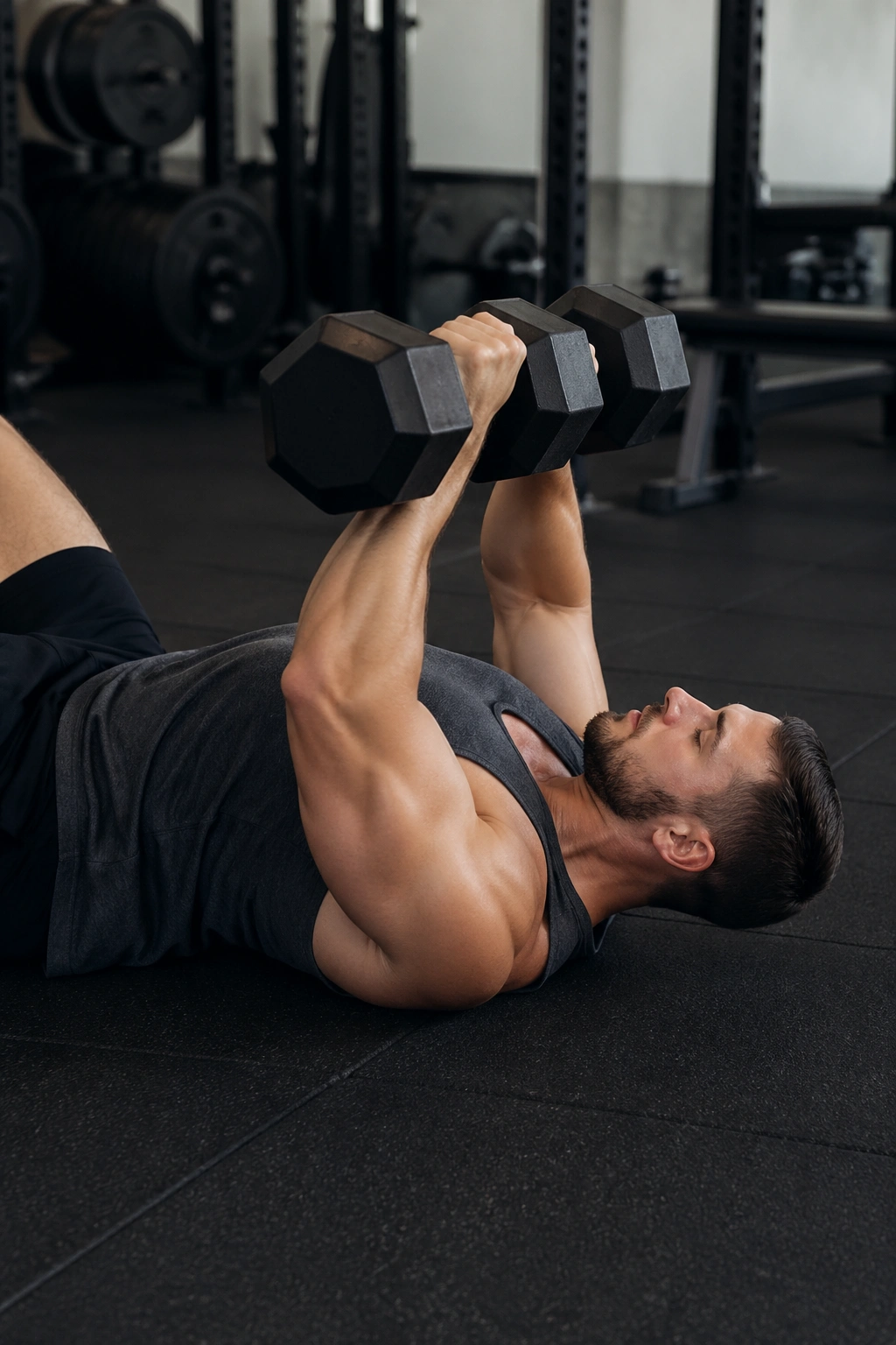Person performing close-grip dumbbell floor press on the floor