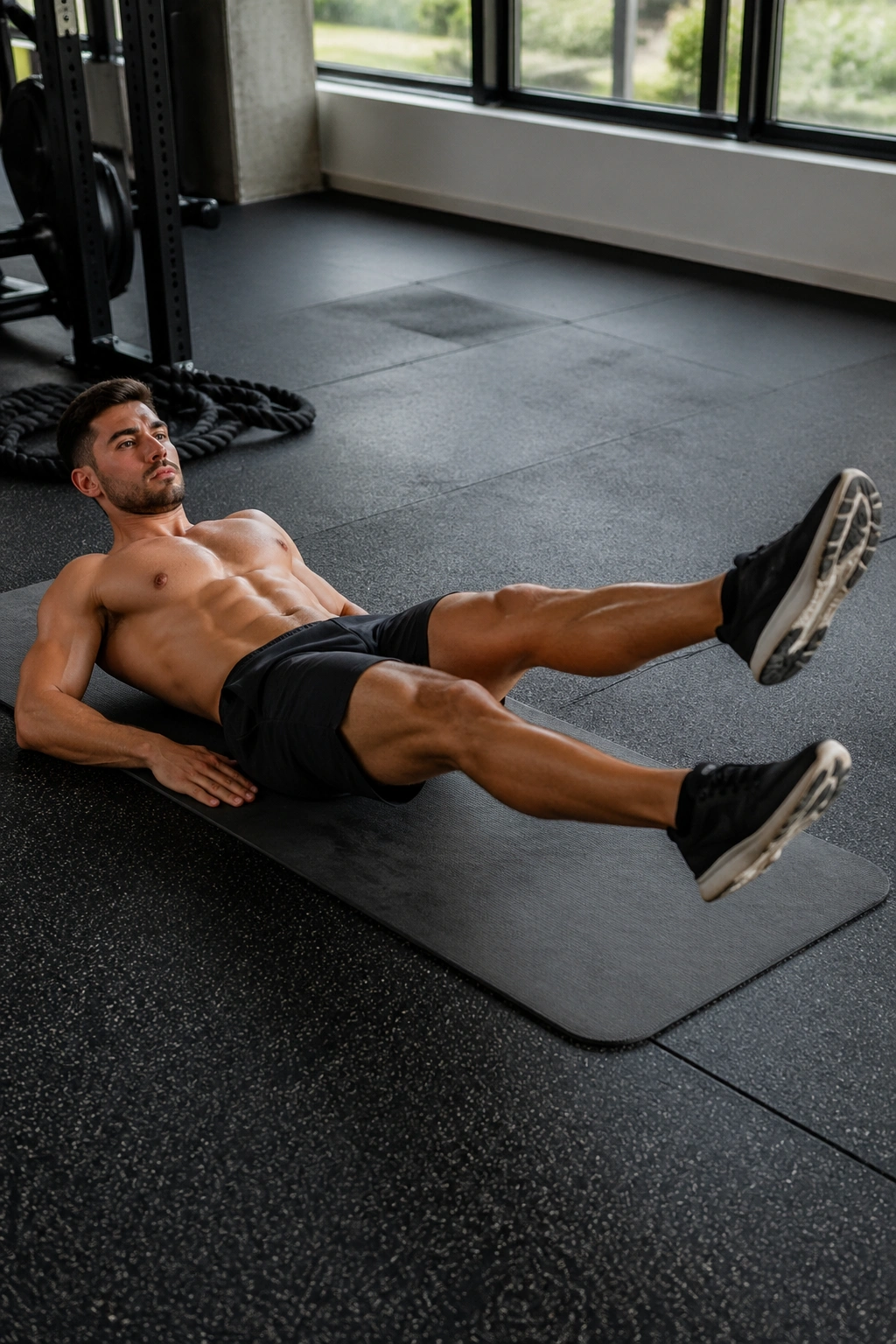Real person doing flutter kicks on a gym mat with legs alternately kicking