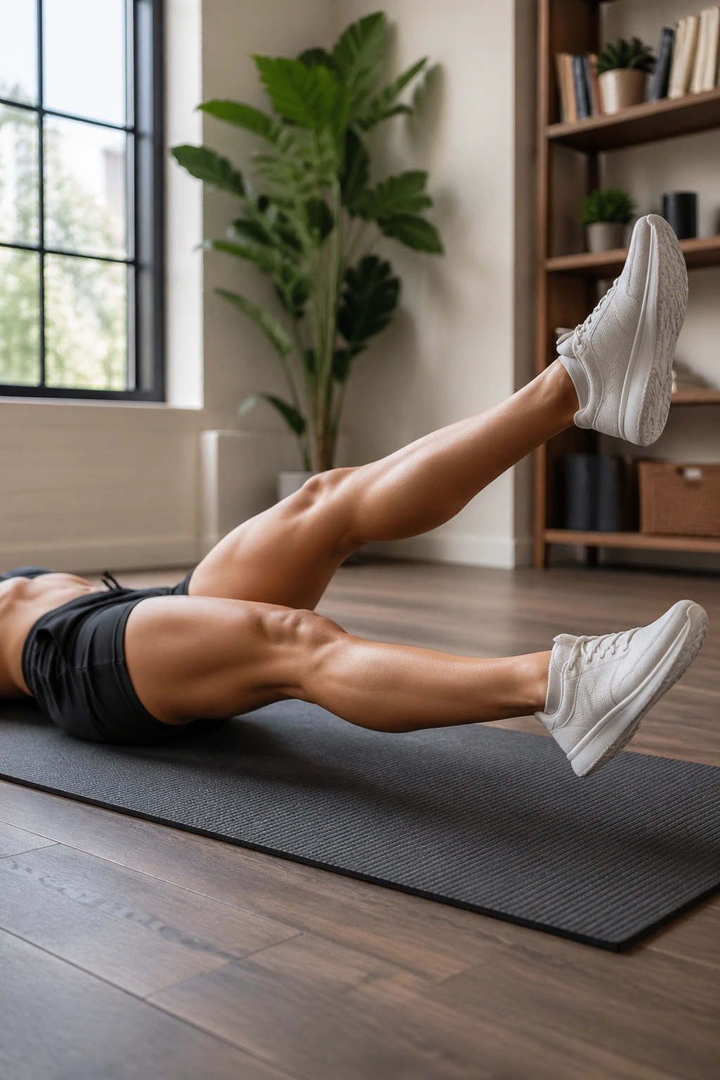 Close-up of legs performing flutter kicks on a mat in a home setting.