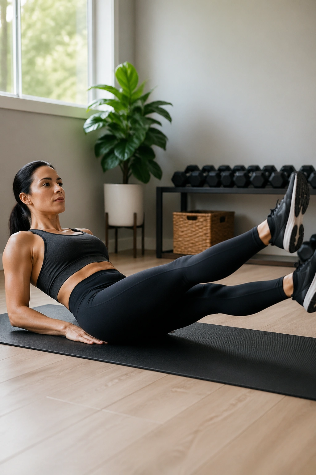 Close-up of a person lying on a mat performing flutter kicks with engaged core