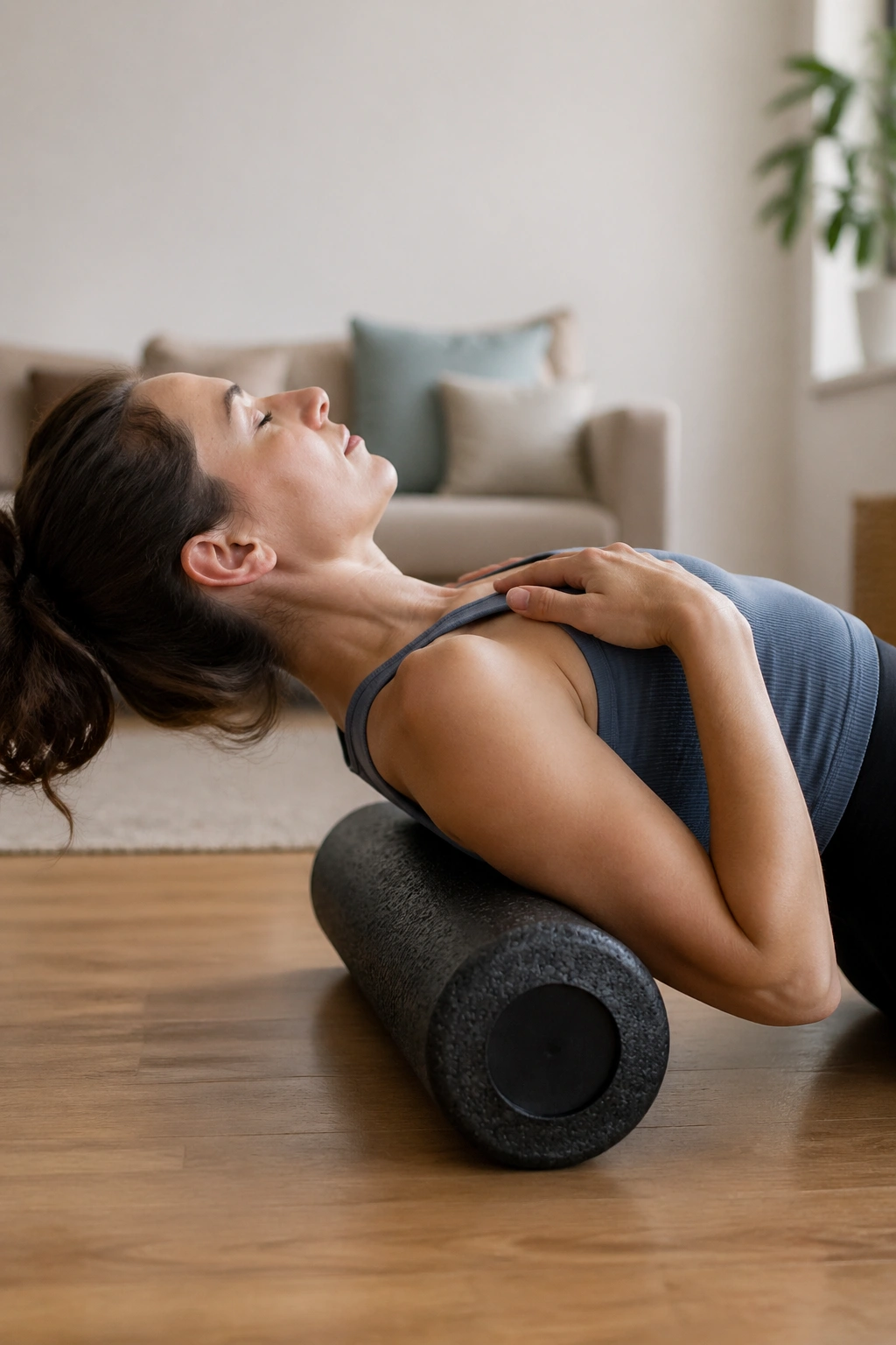 Close-up of a person using a foam roller under the upper back in a calm living room