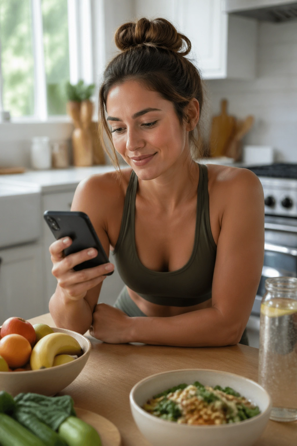 Person checking in on a smartphone in the kitchen for a simple food check-in