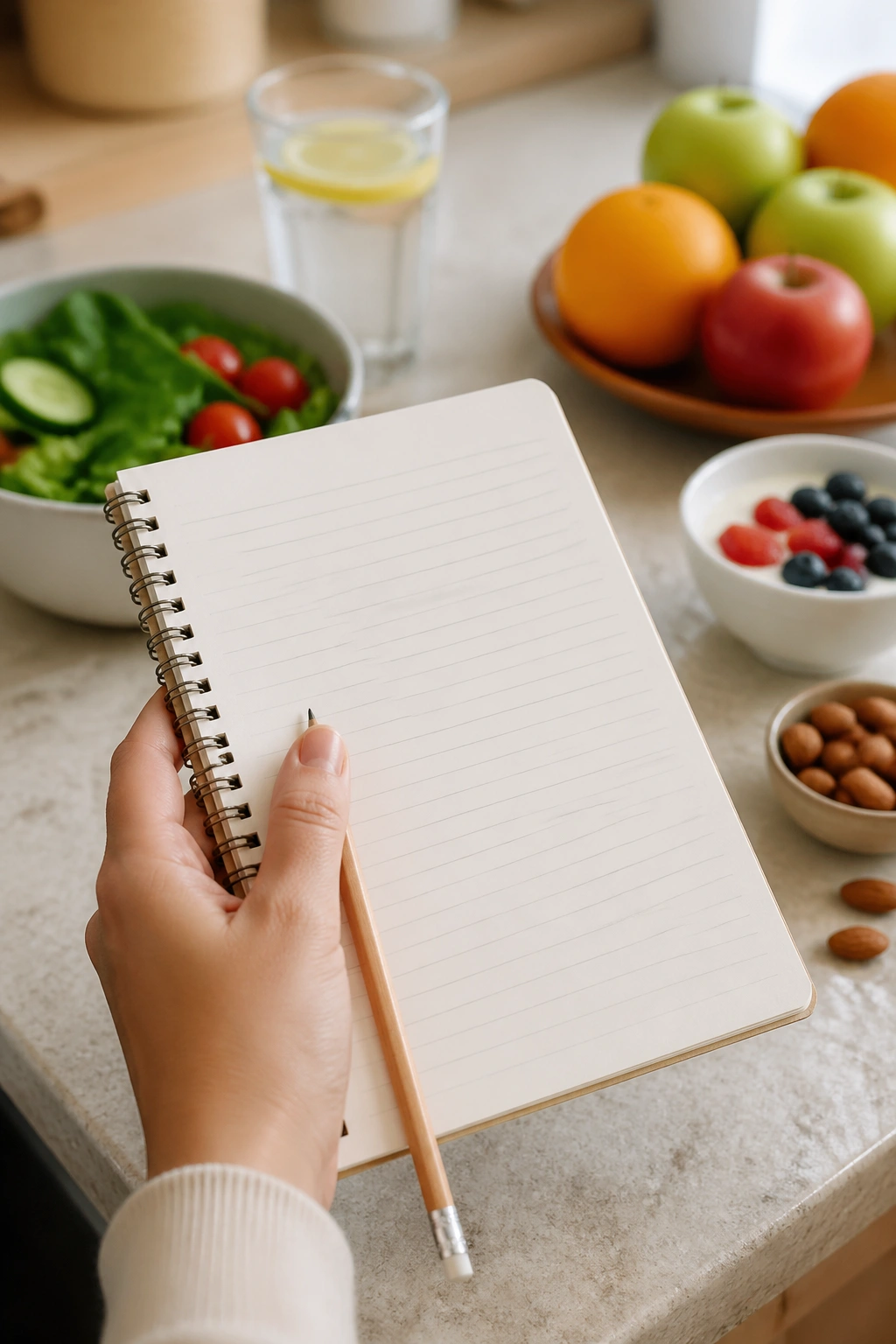 Hand holding a blank logbook on a kitchen counter.