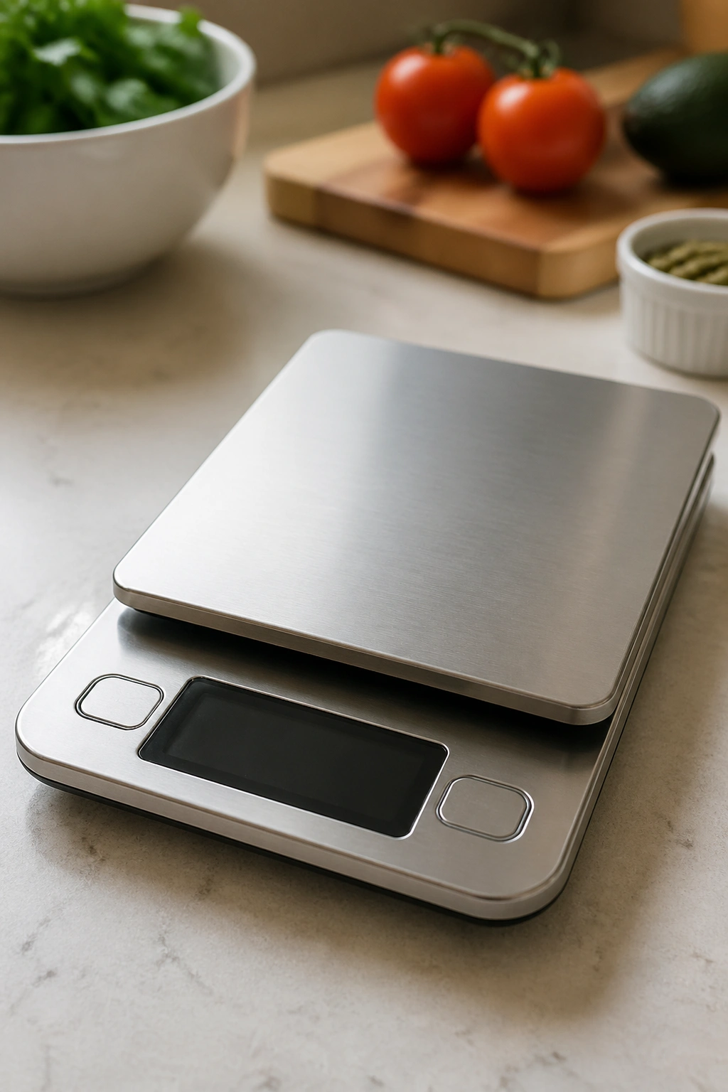 Close-up of a food scale on a kitchen counter with display off.