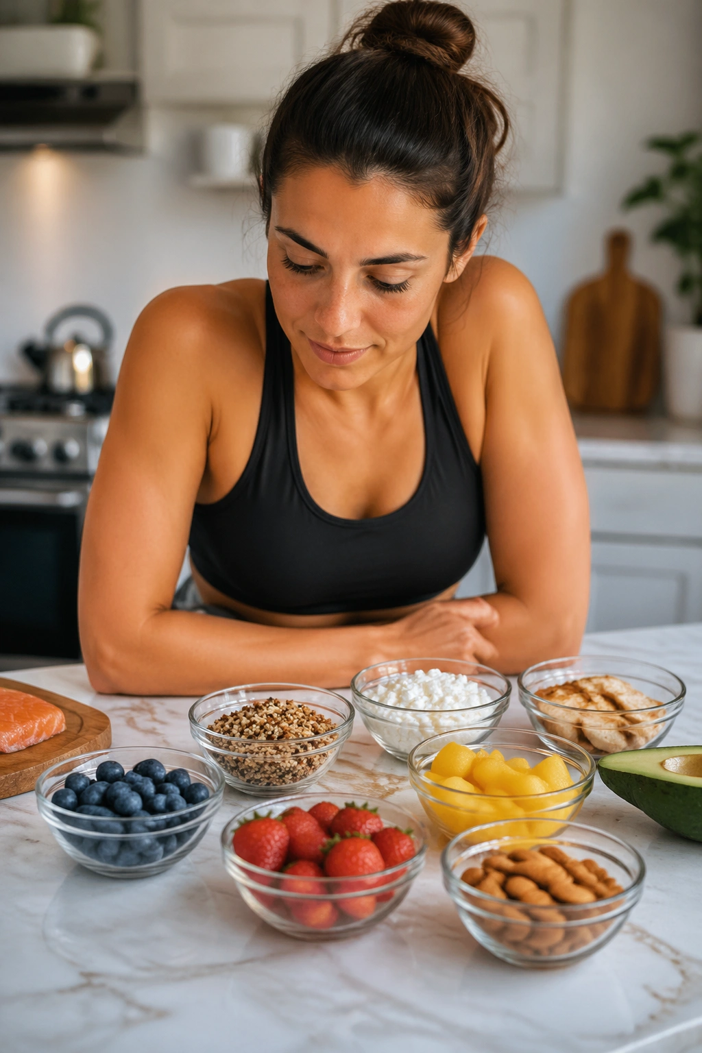 Person evaluating food portions at a kitchen island to track intake
