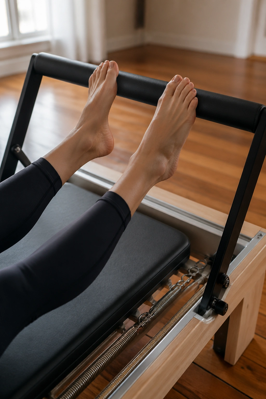 Close-up of feet on the reformer footbar performing heavy-spring footwork in a home gym