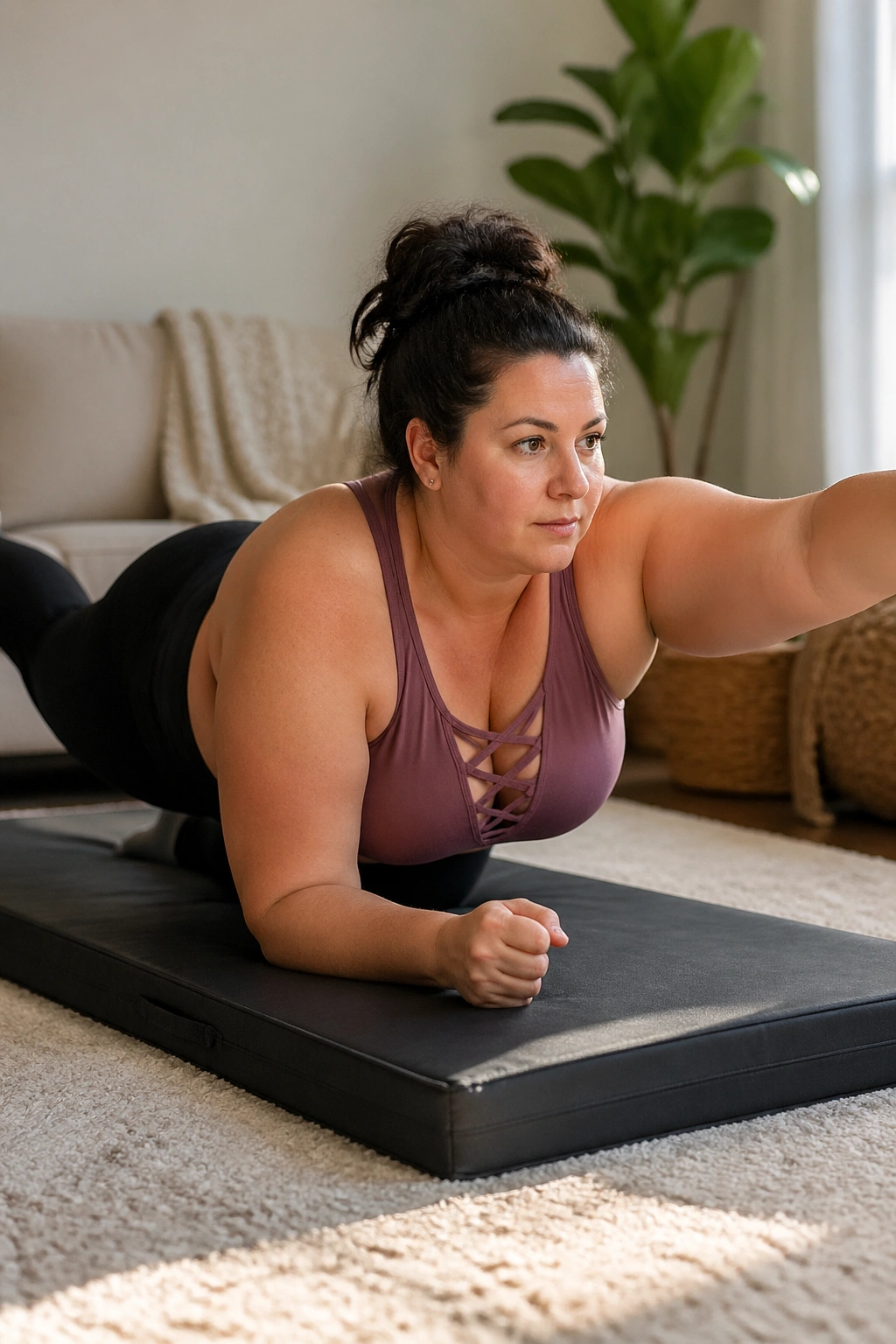 Close-up of a real person performing forearm bird-dog on a cushioned mat in a cozy living room.