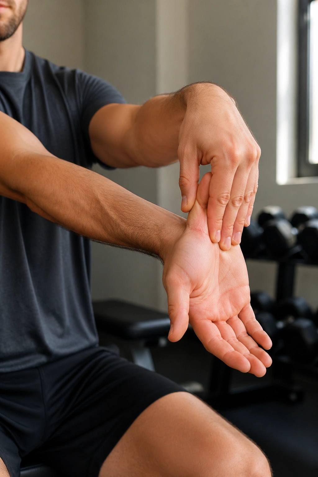 Close-up forearm flexor stretch on a real person’s forearm in a gym.