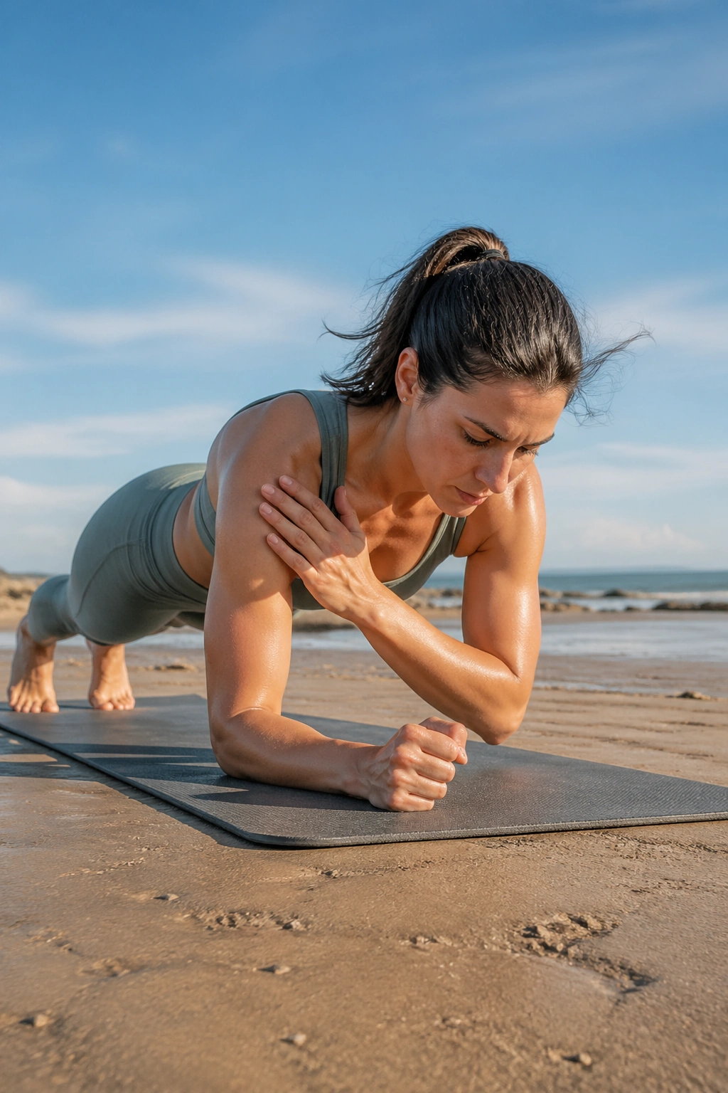 Close-up of a person in forearm plank on sand performing shoulder taps