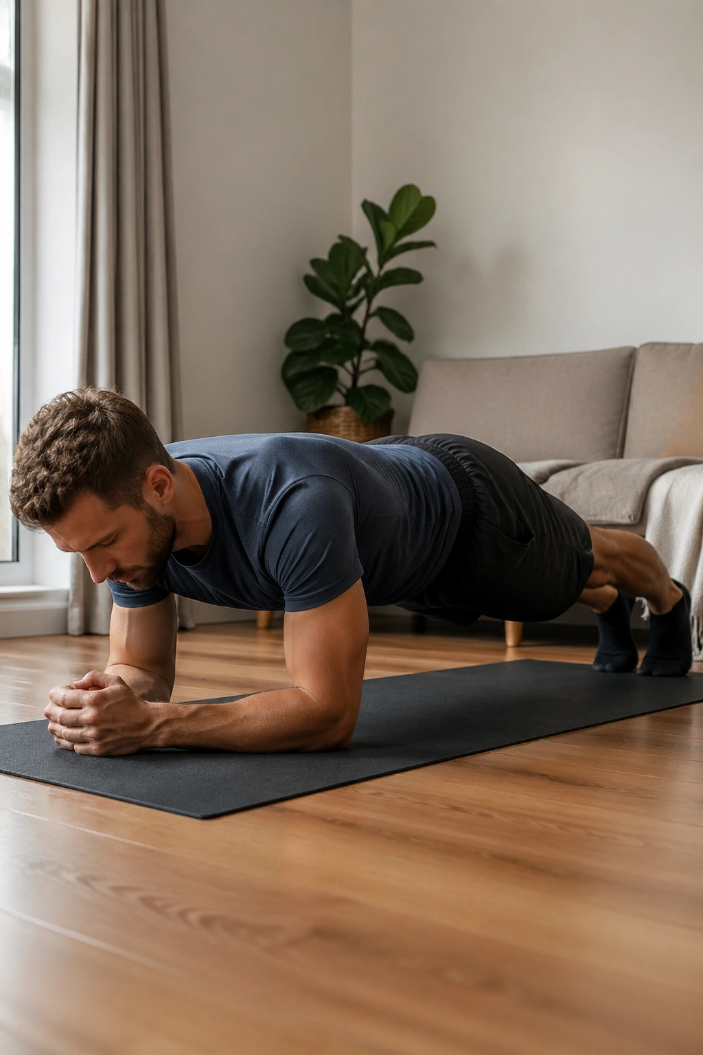 Real person in forearm plank maintaining a straight trunk