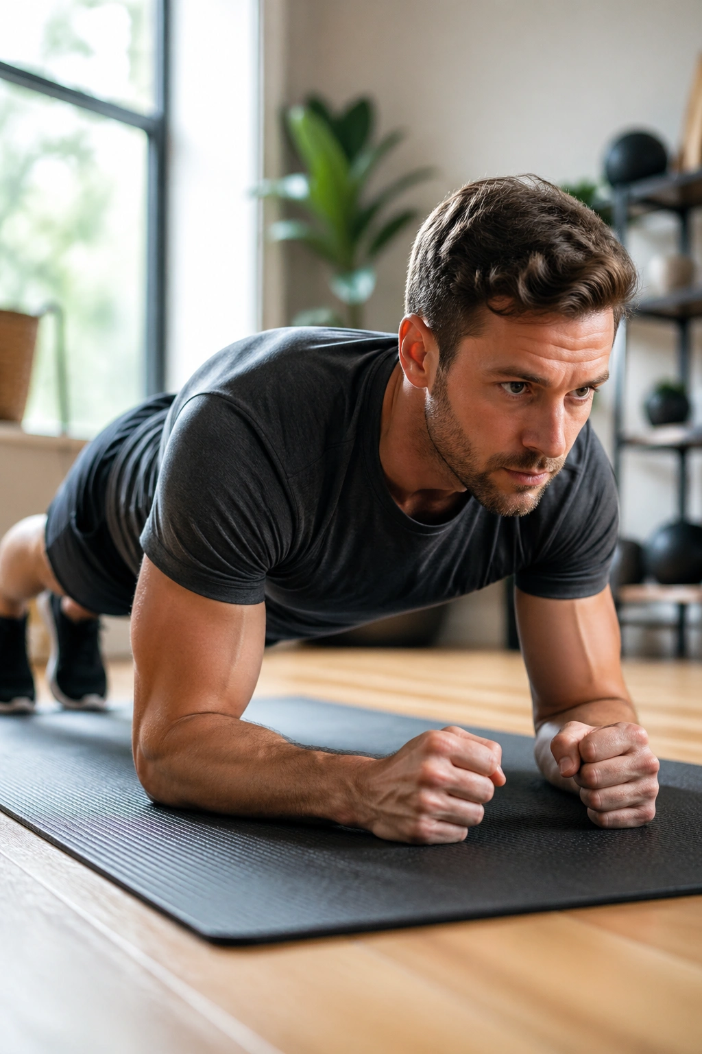 Close up of a person in a forearm plank with proper core brace on a mat