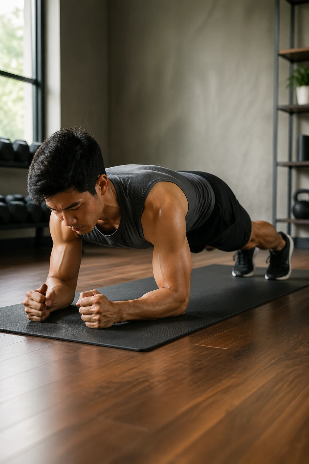 Forearm plank on a mat showing a straight line from head to heels in a home gym