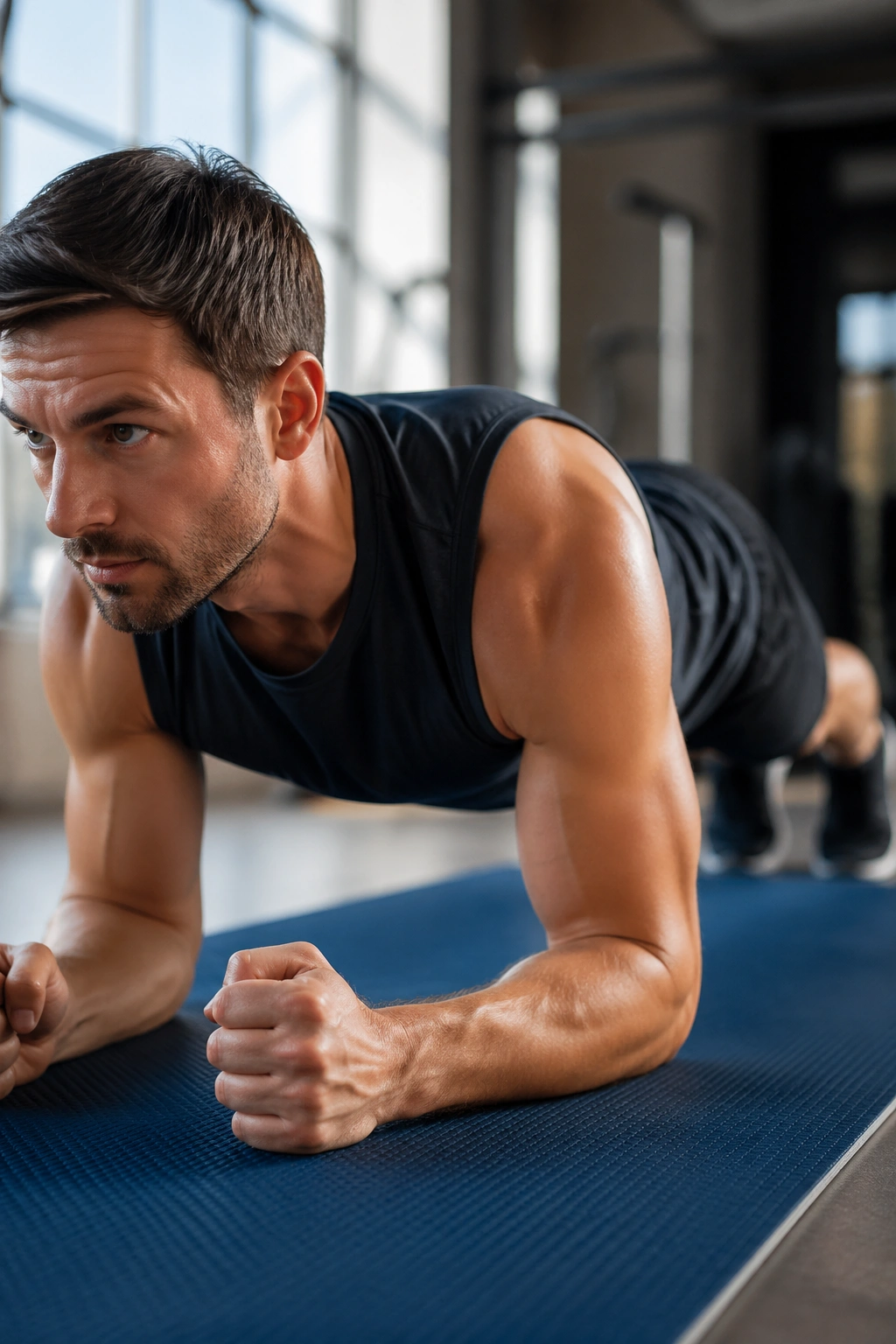 Close-up of a person in forearm plank on a mat with a straight body line