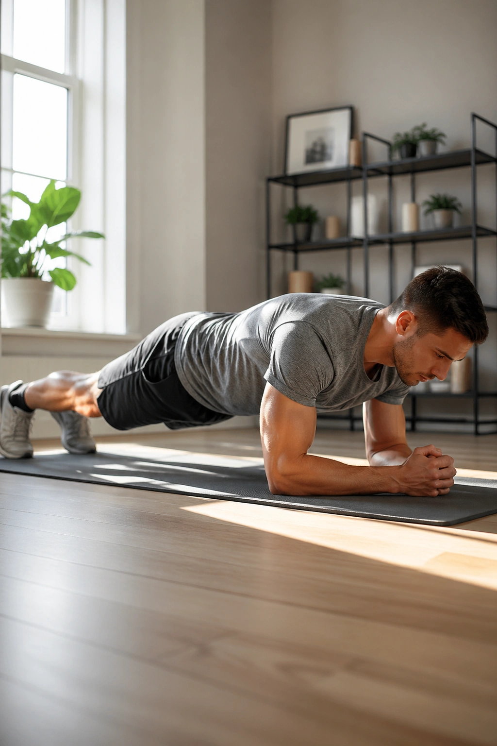 Person in forearm plank on mat, maintaining straight body line.