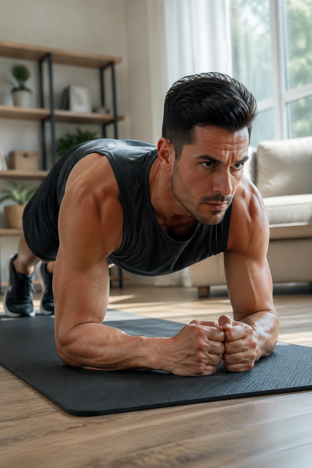 Close-up of a person holding a forearm plank with engaged core.