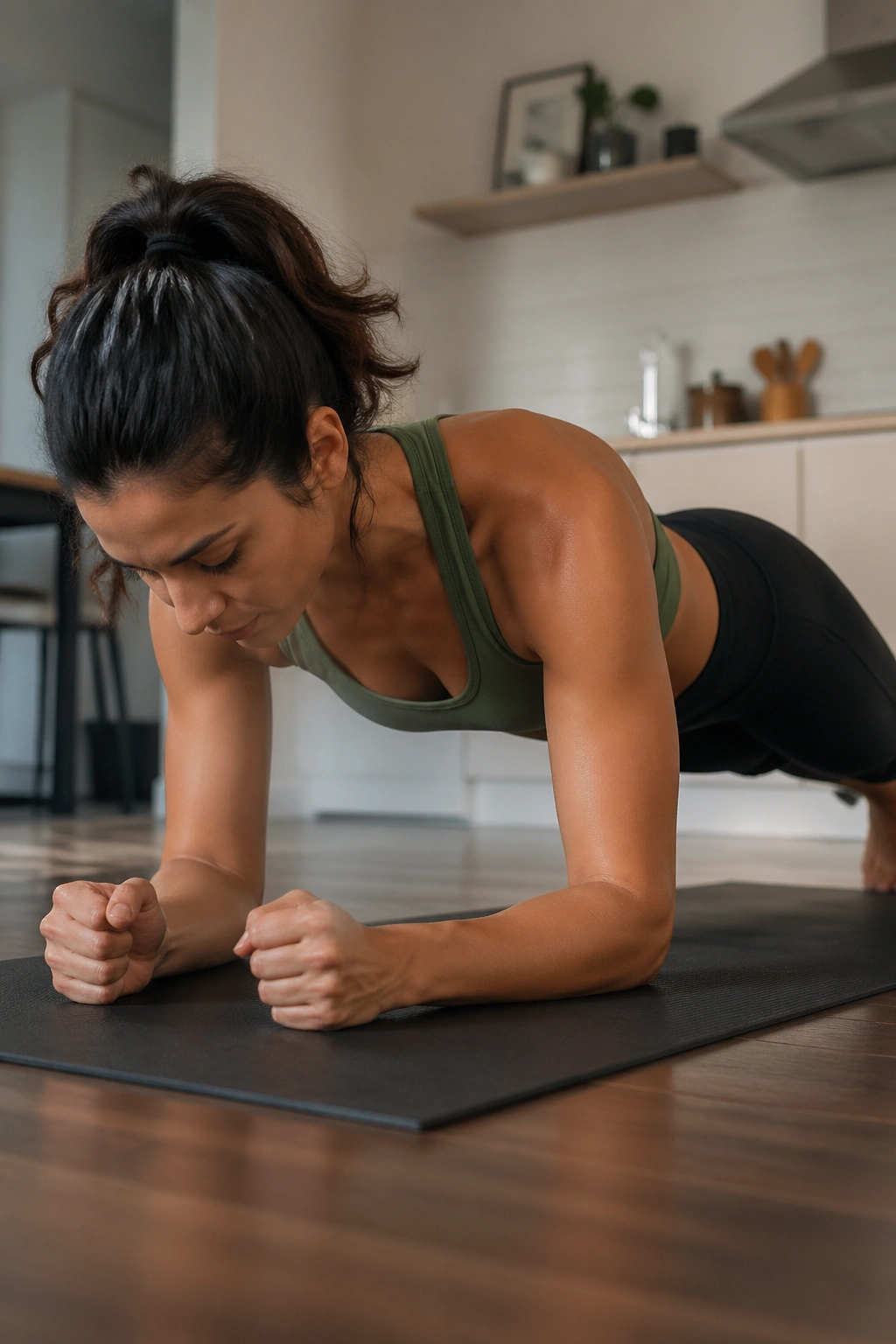 Real person in forearm plank highlighting core and shoulder stability