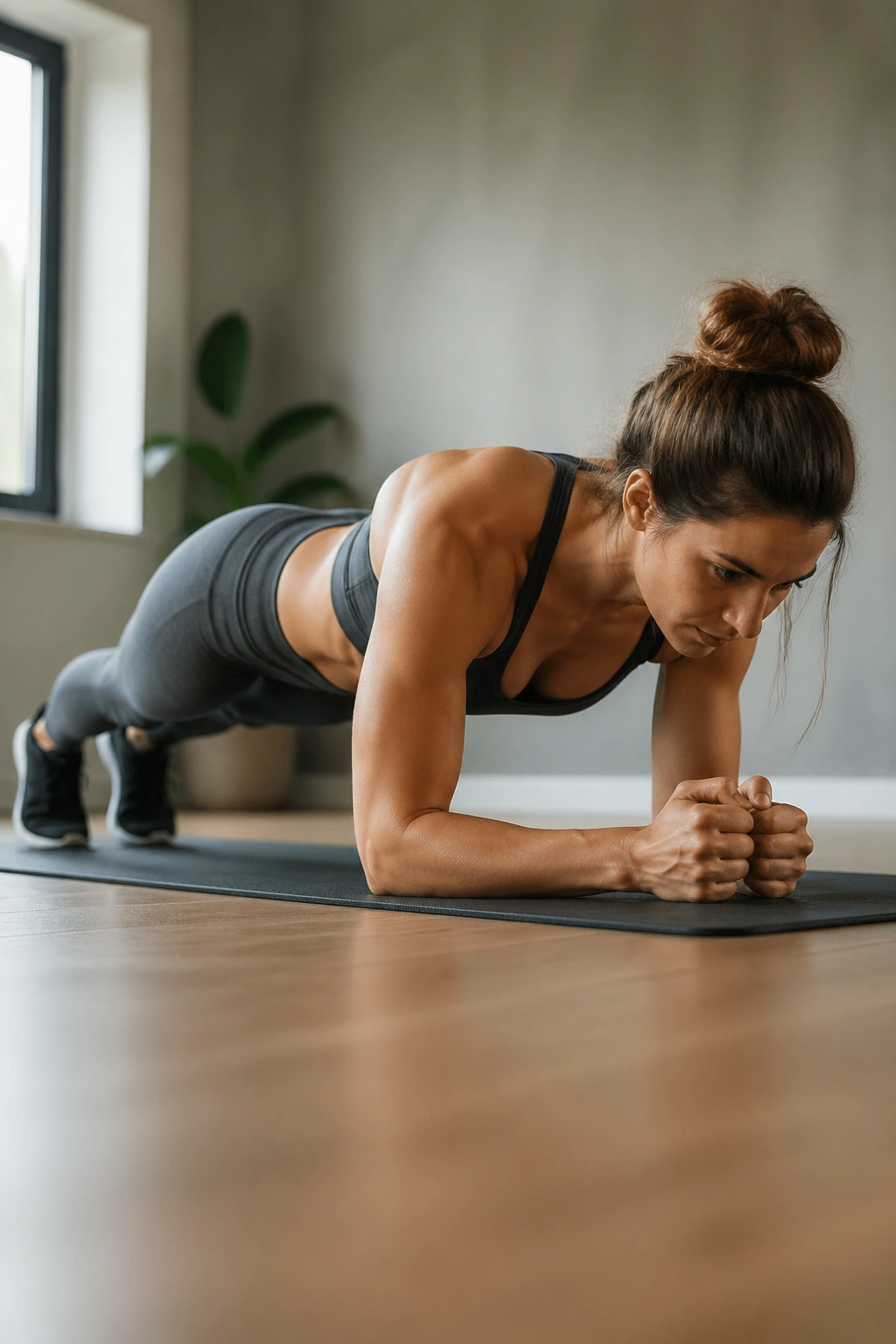Person in forearm plank maintaining a straight body line on a mat.