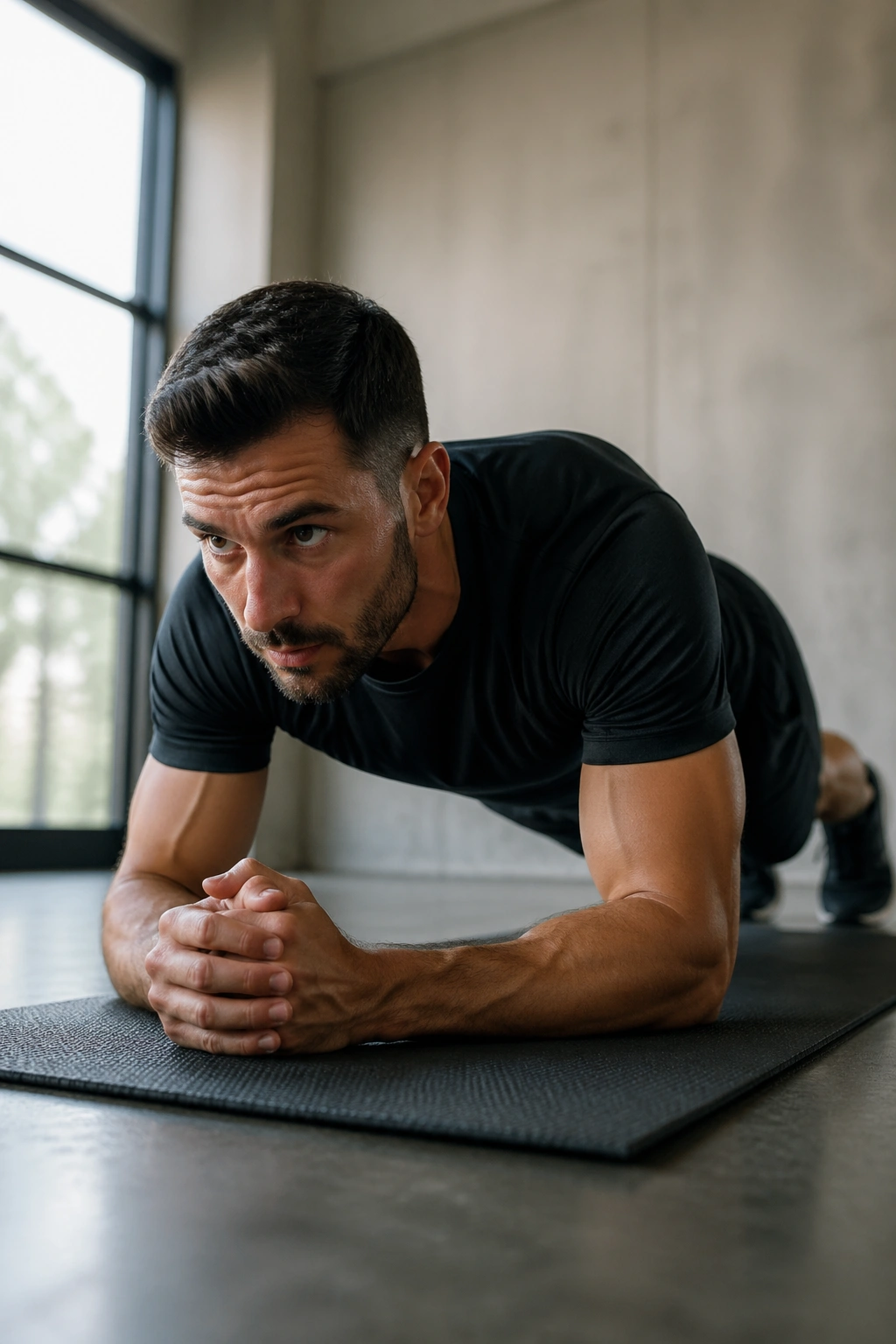 Close-up of a real person in forearm plank with core engaged
