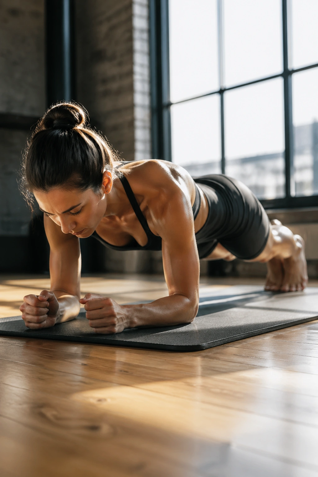Close-up of a fit athlete in a forearm plank with knees hovering, core engagement