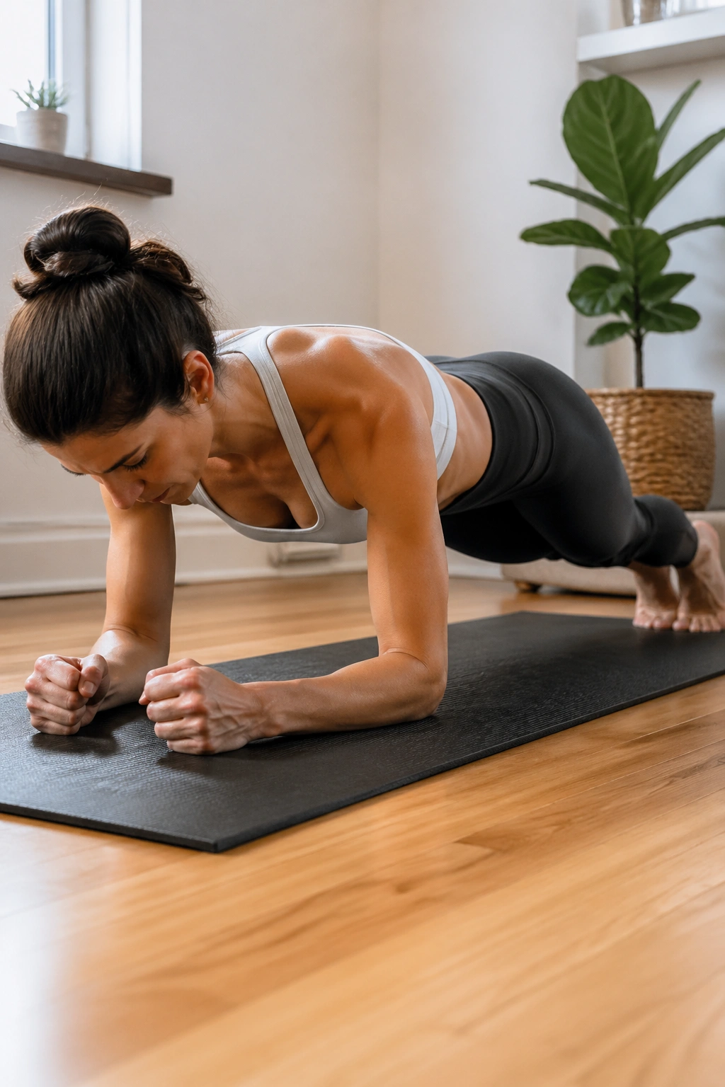 Person in forearm plank with knees hovering, maintaining a straight line and engaged core