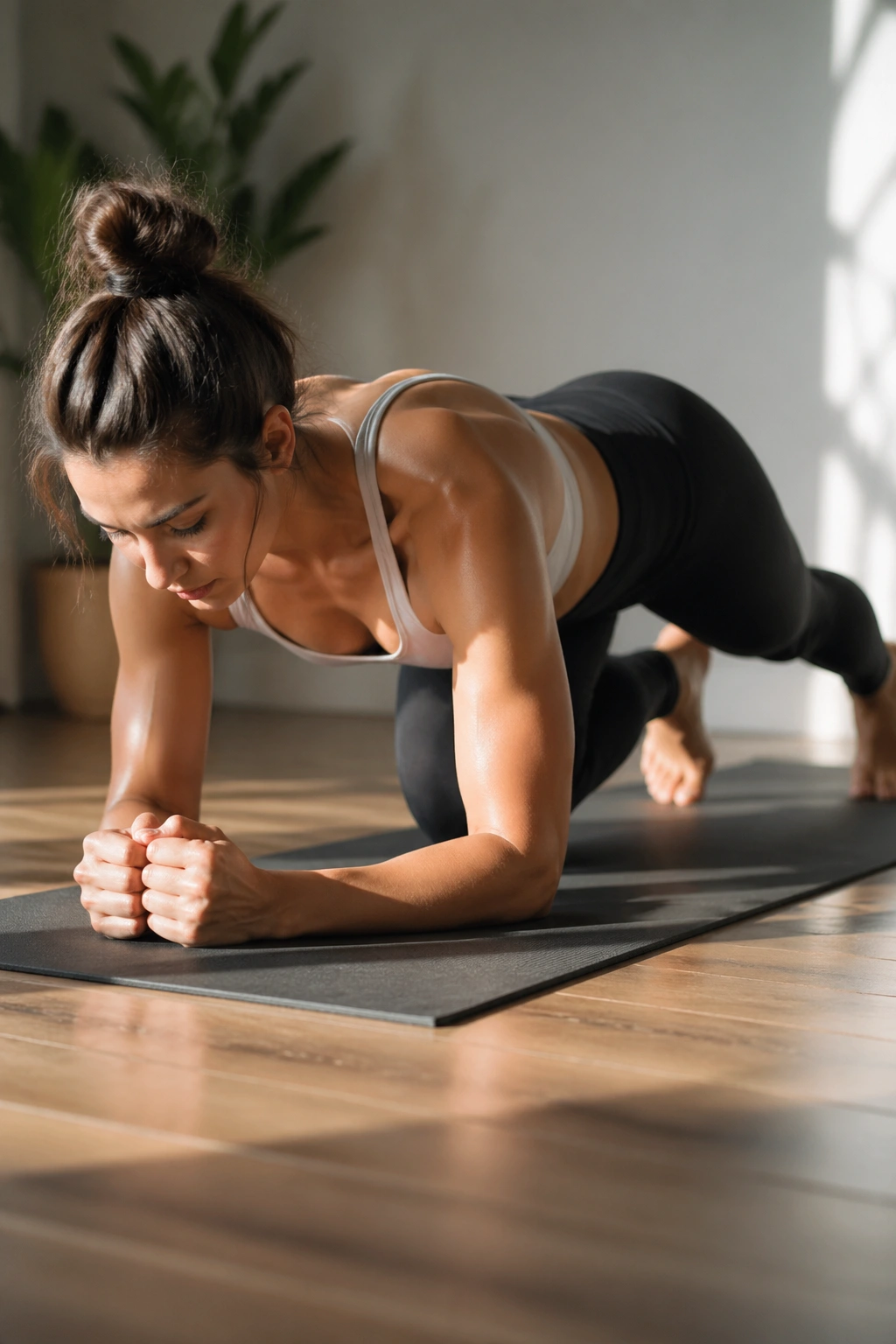Person performing Forearm Plank with Knee Slides on a mat in a sunlit home gym