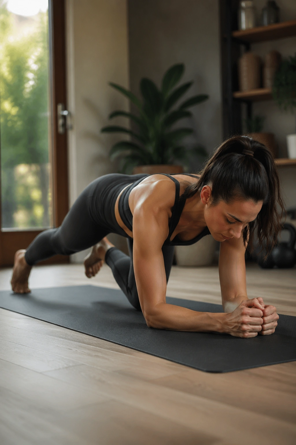 Close-up of a real person in forearm plank performing knee taps with controlled hips