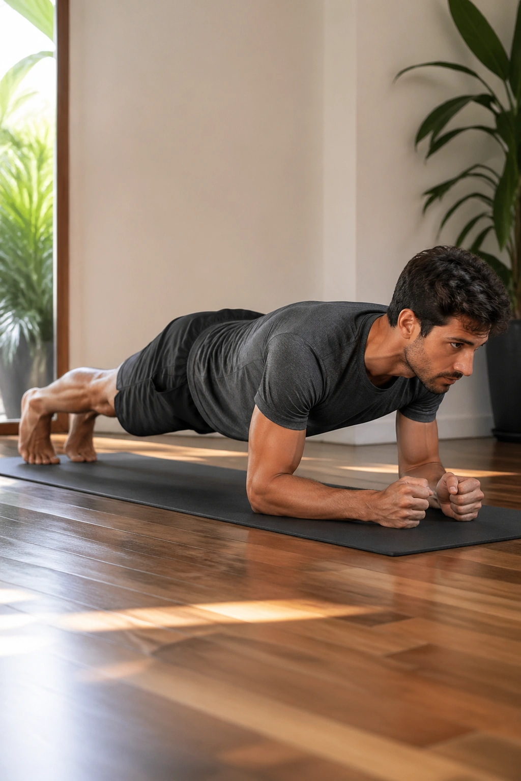 Real person in forearm plank demonstrating shoulder alignment on yoga mat