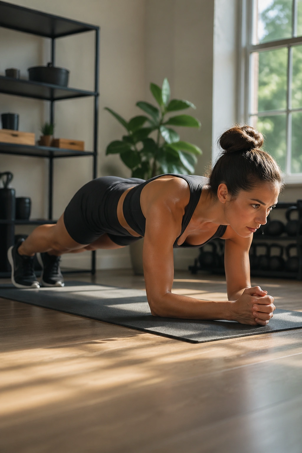 Real person in forearm plank maintaining a straight line
