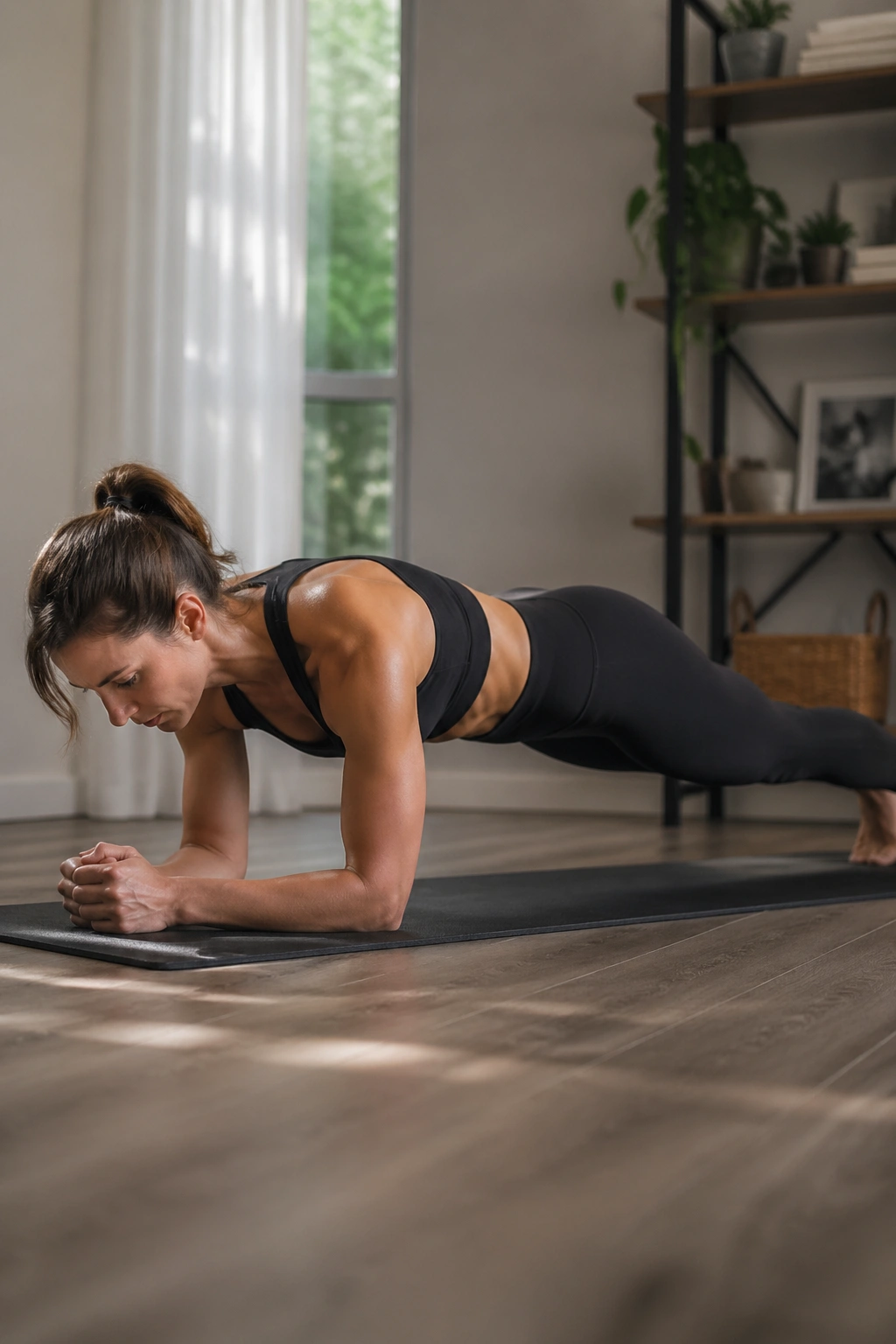 Side profile of a person in a forearm plank with proper form