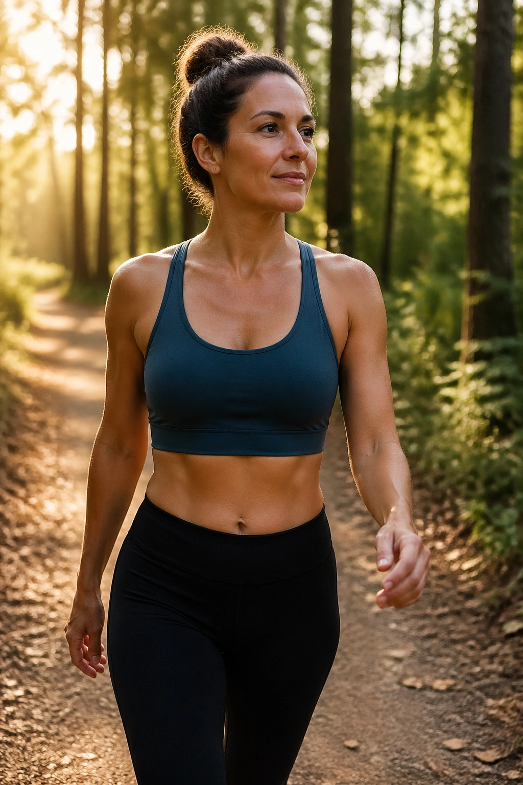 Woman walking briskly on a sunlit forest trail
