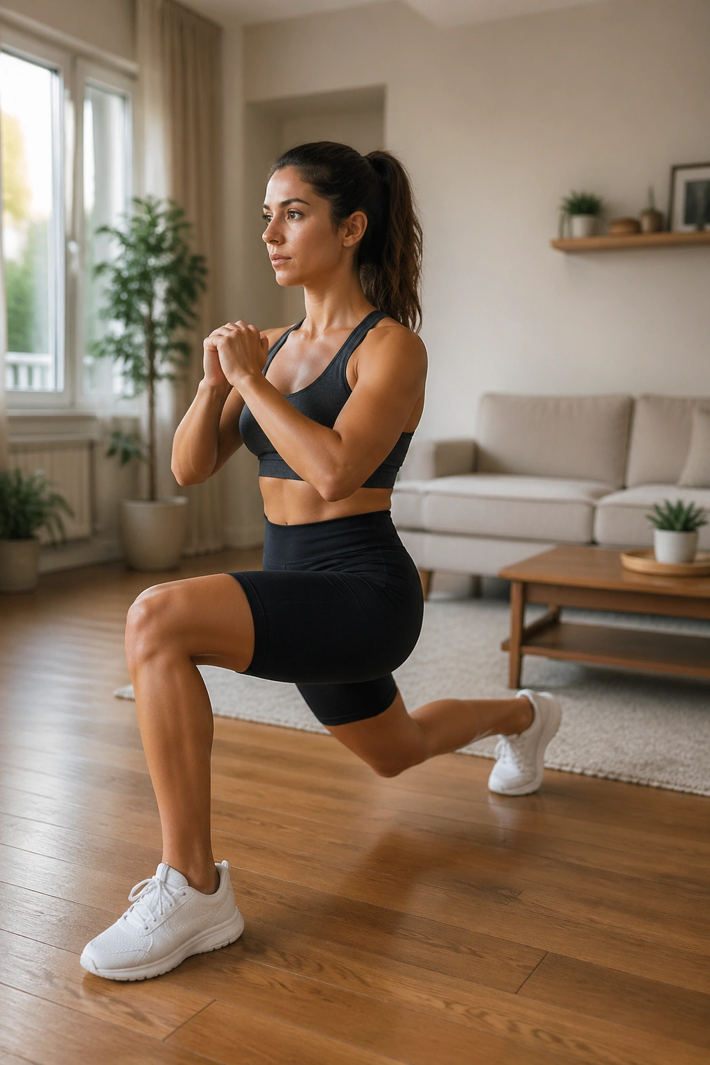 Medium shot of a person performing a forward lunge